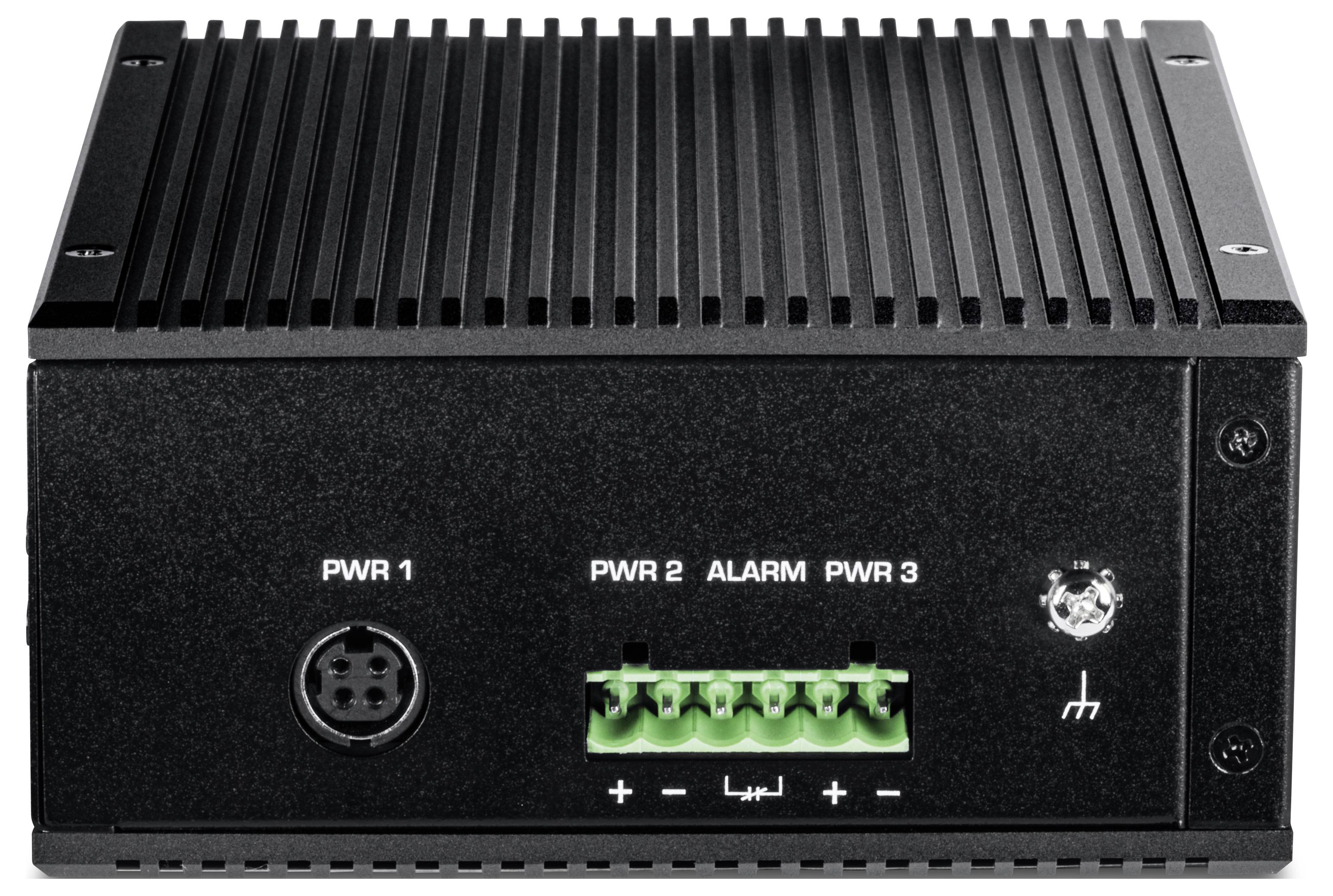 Ein schwarzes elektronisches Gerät mit gerippter Oberseite verfügt über Stroman¬schlüsse, eine Alarmverbindung und beschriftete Eingangsklemmen an seiner Frontplatte.