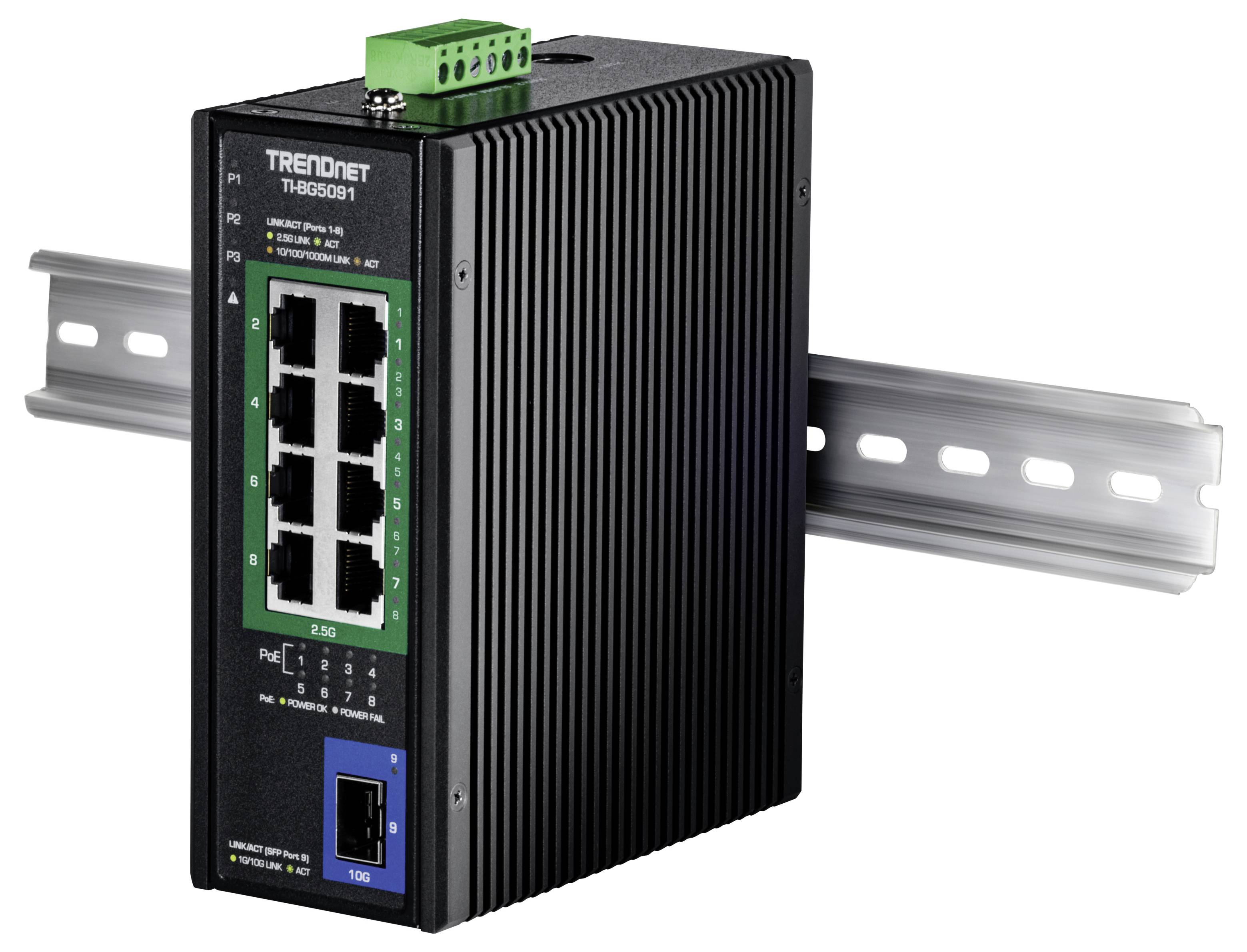 Ein industrieller Netzwerkswitch, der auf einer Metallschiene montiert ist und mehrere Ethernet-Ports an der Vorderseite zur Verbindung von Netzwerkgeräten aufweist.