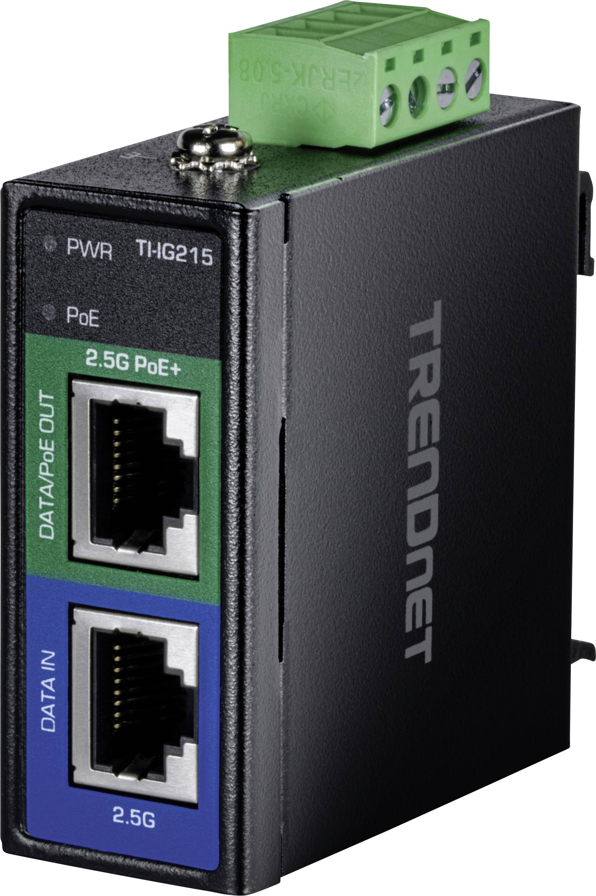 Ein kompaktes schwarzes und blaues TRENDnet-Netzwerkgerät mit zwei Ethernet-Anschlüssen, die mit '2.5G PoE+' und '2.5G DATA IN' beschriftet sind, mit einem grünen Anschlussblock oben.