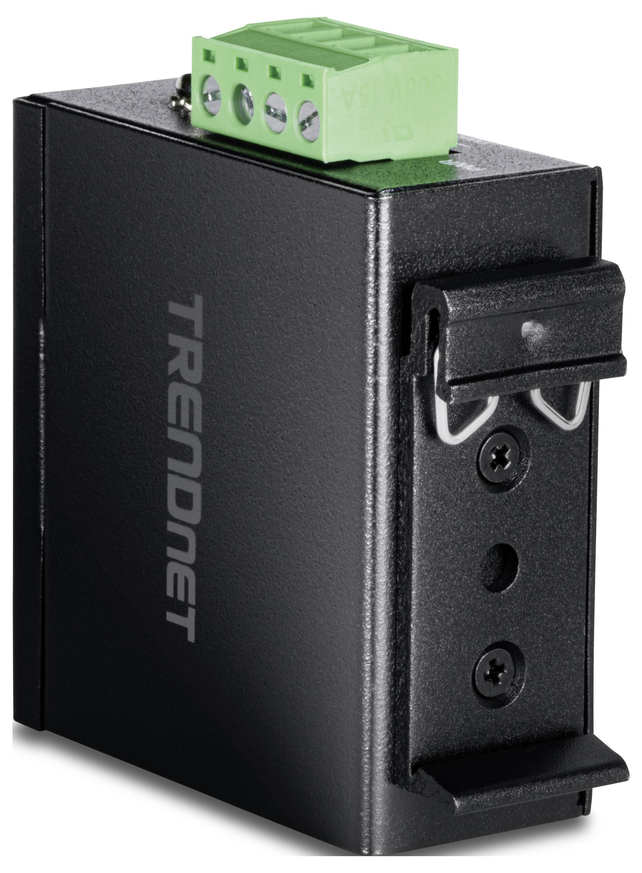 Industrieller Ethernet-Switch mit 'TRENDnet'-Branding, ausgestattet mit einem grünen Anschlussblock an der Oberseite für Strom- oder Datenleitungen.