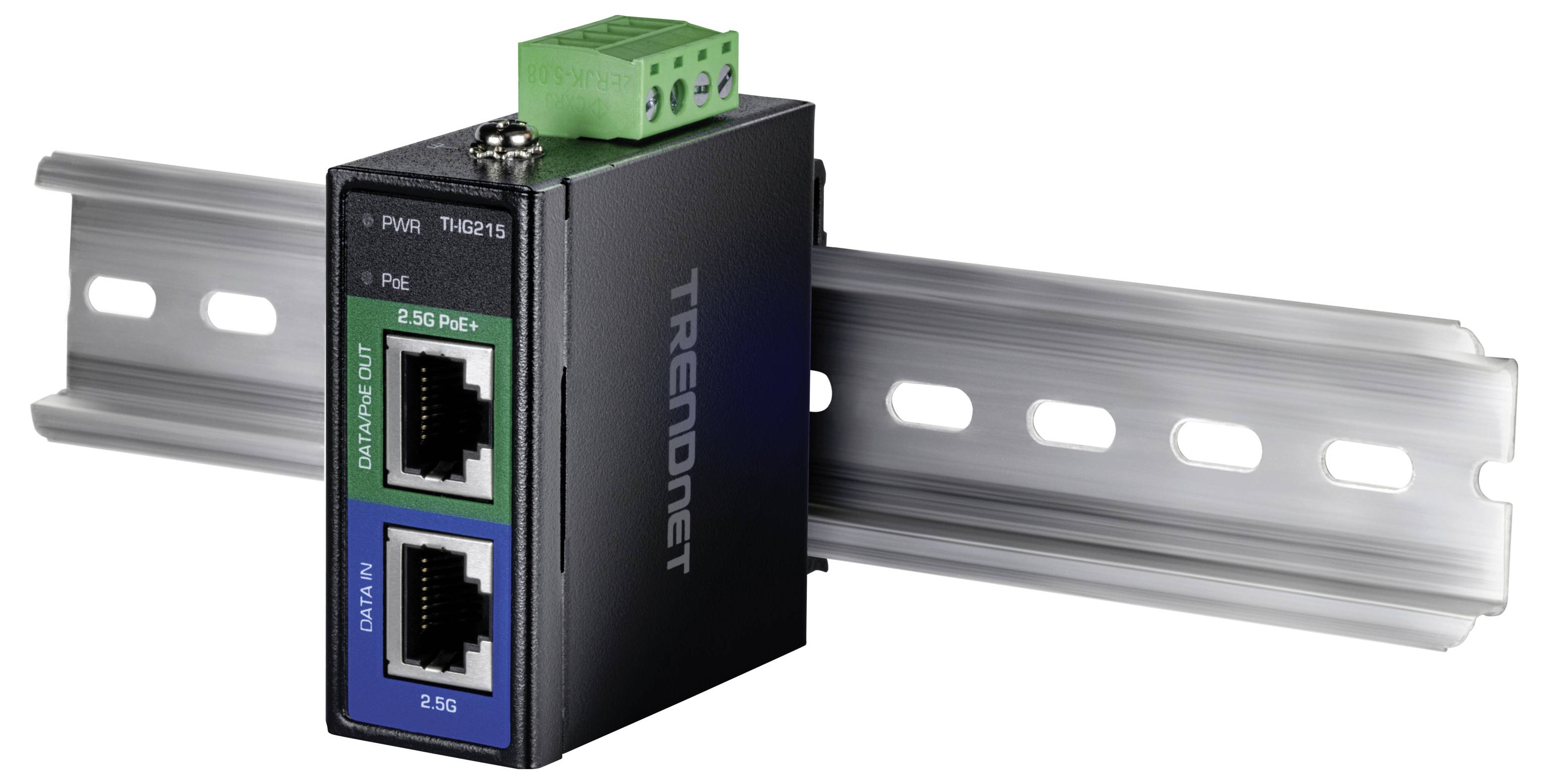 Netzwerkgerät mit zwei Ethernet-Ports, beschriftet als 'Daten Ein' und 'Daten & PoE Aus', für die Montage auf einer DIN-Schiene; verwendet für Stromversorgung und Datentransfer.