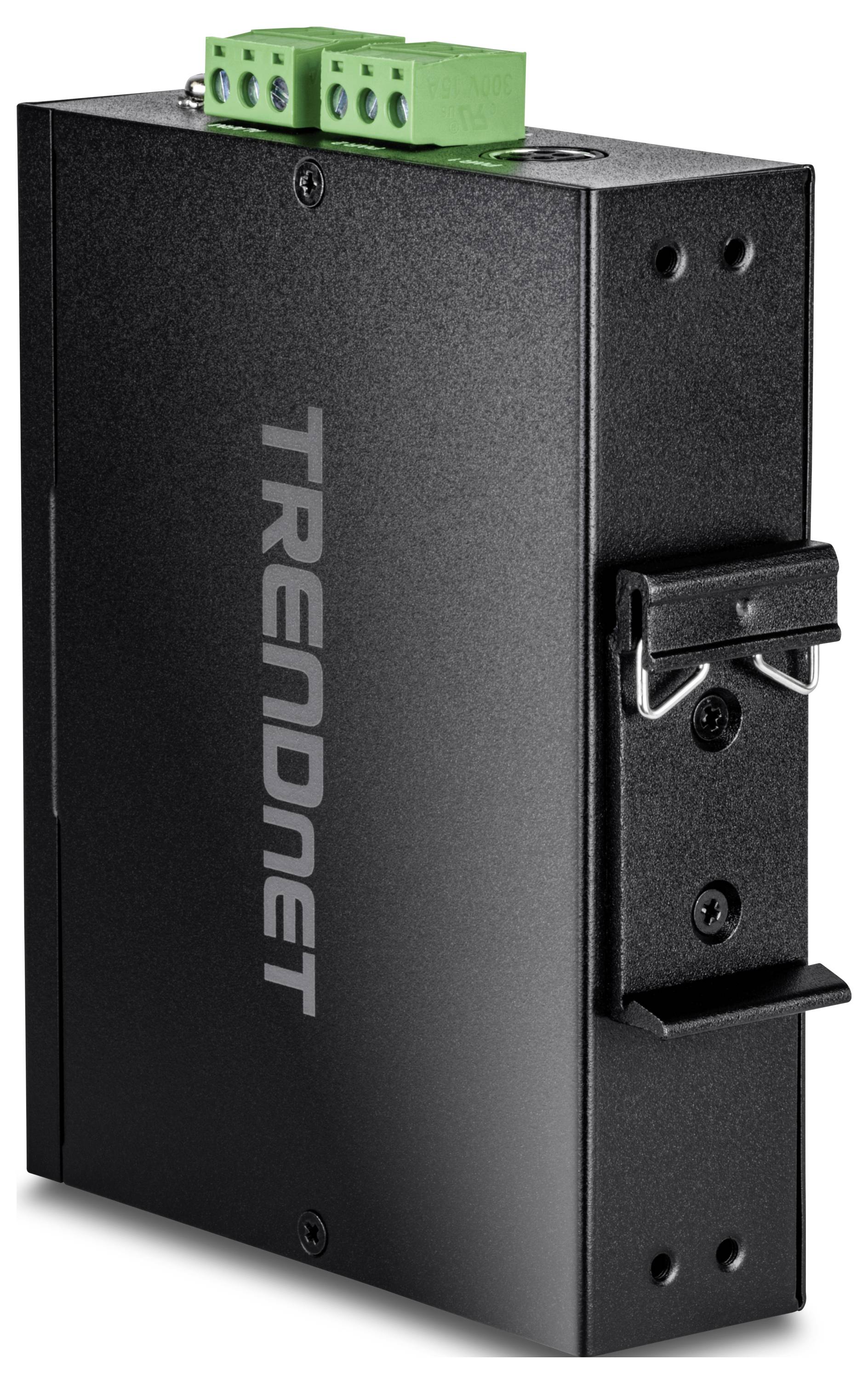 Ein schwarzer TRENDnet Industrie-Netzwerkswitch mit grünen Anschlussklemmen und einer Metallmontagehalterung an der Seite.
