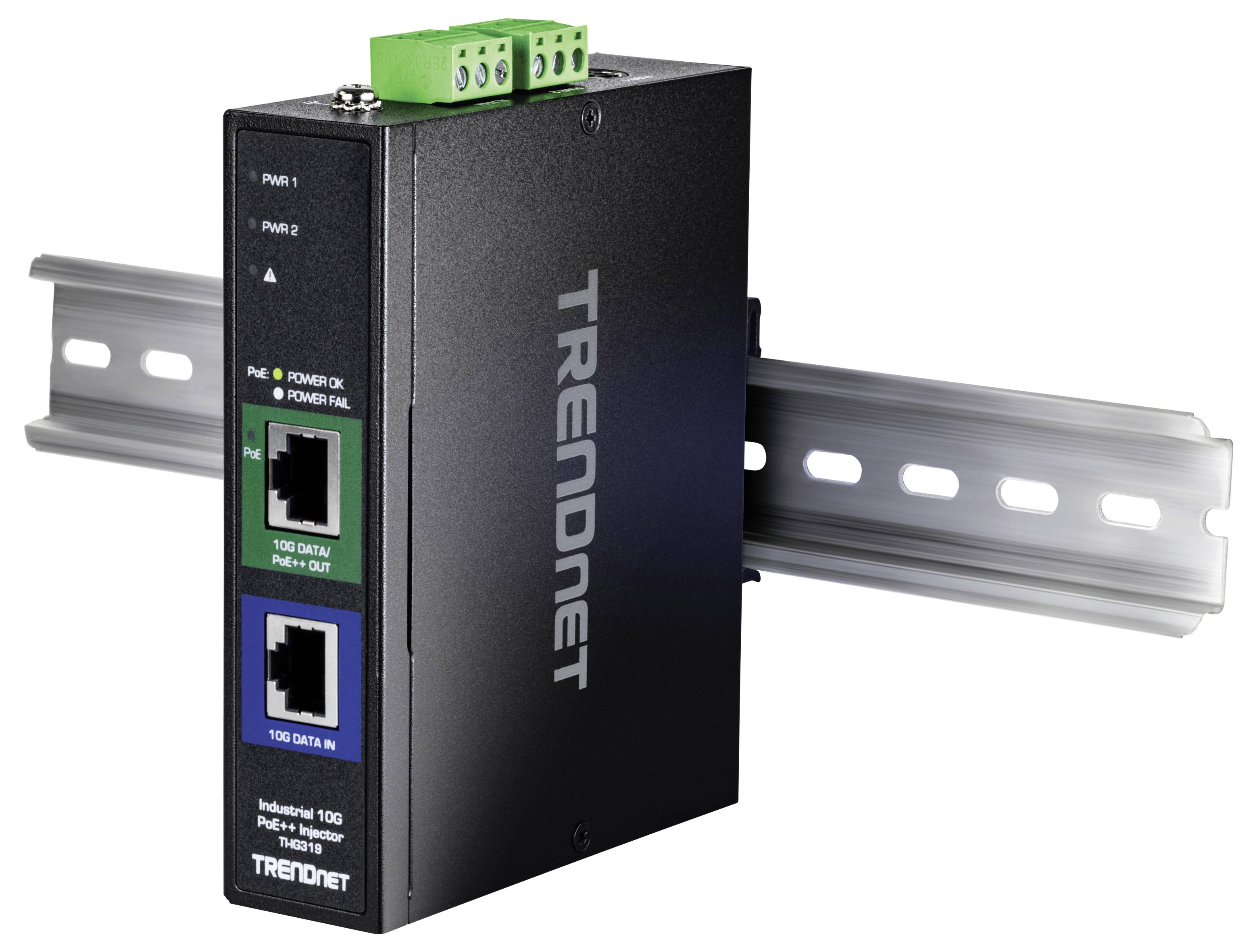 Ein industrieller Ethernet-Switch, der auf einer Hutschiene montiert ist, mit zwei Netzwerkports und einem Netzstecker oben, beschriftet mit 'TRENDnet'.
