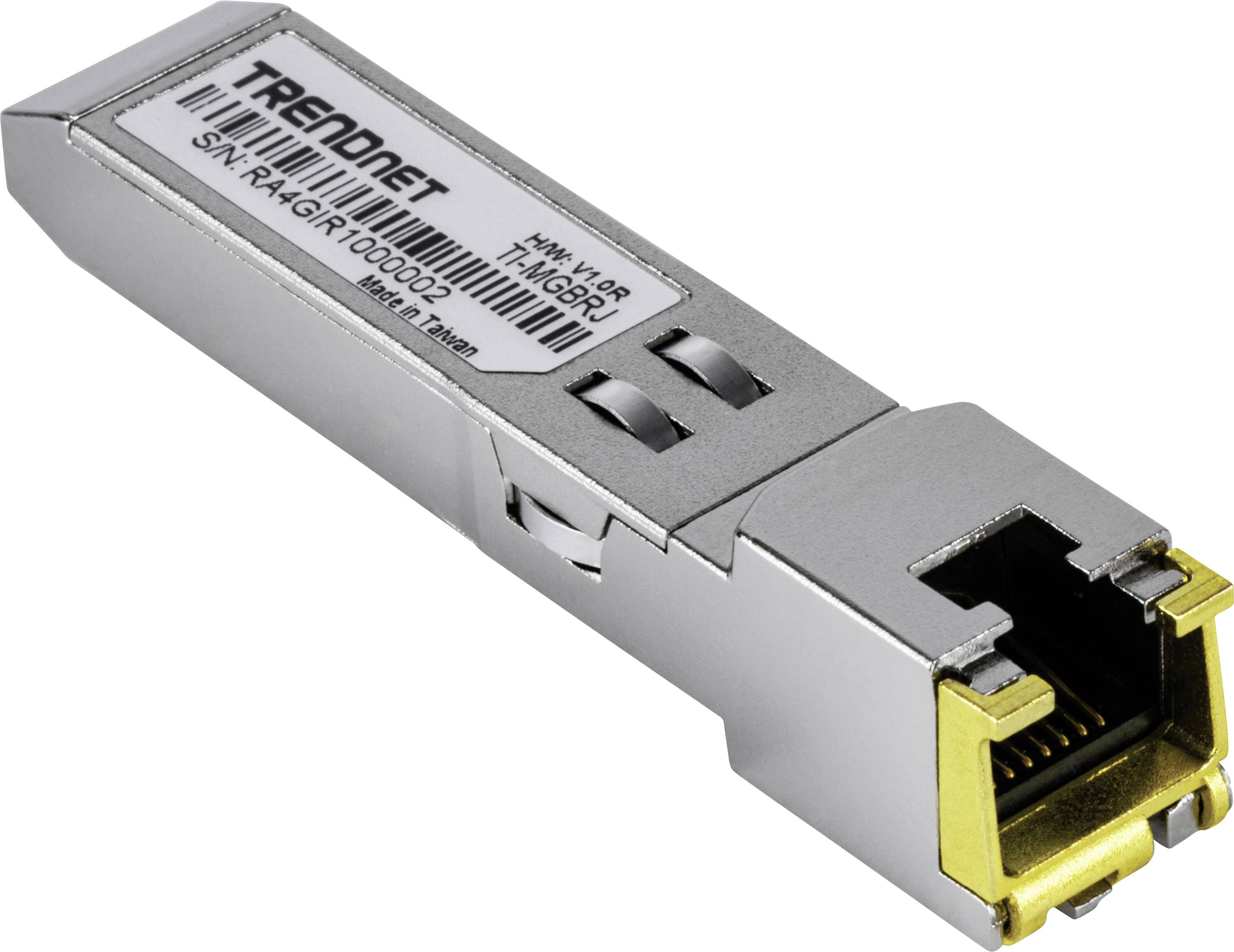 Ein silberner TRENDnet-Transceiver-Modul mit beschrifteter Produkt- und Seriennummer, ausgestattet mit einem Netzwerkanschlussport für Datenübertragung.