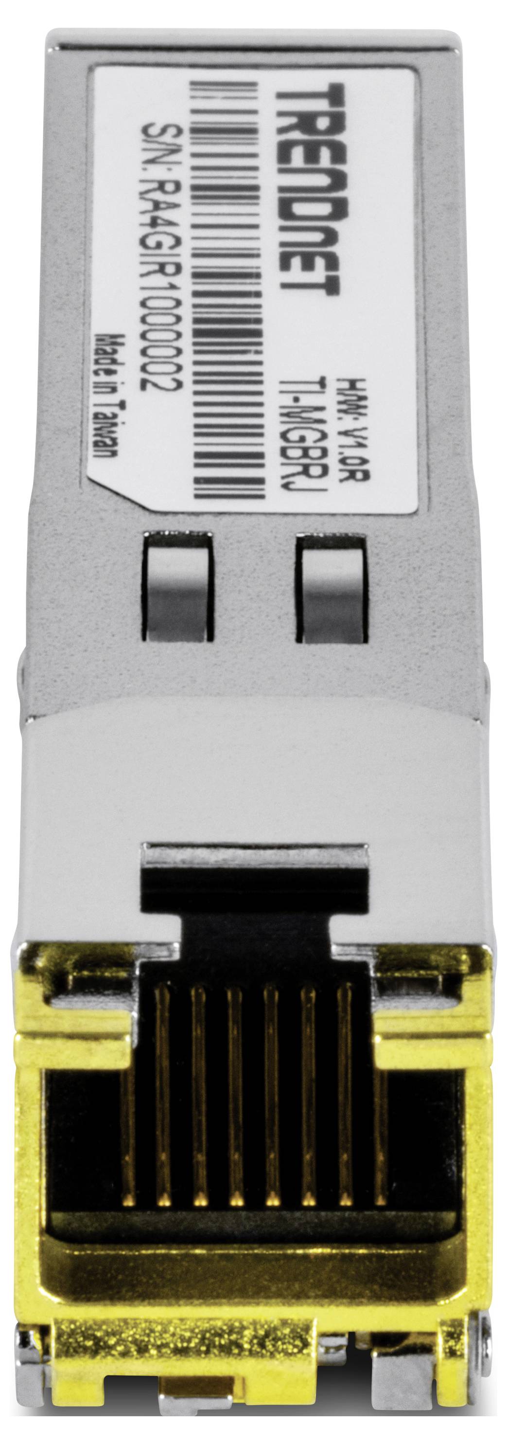 Eine Nahaufnahme eines TRENDnet-Netzwerkgeräte-Anschlusses mit der Modellbezeichnung 'TI-MGBP', der goldene Kontaktstifte für die Konnektivität zeigt.