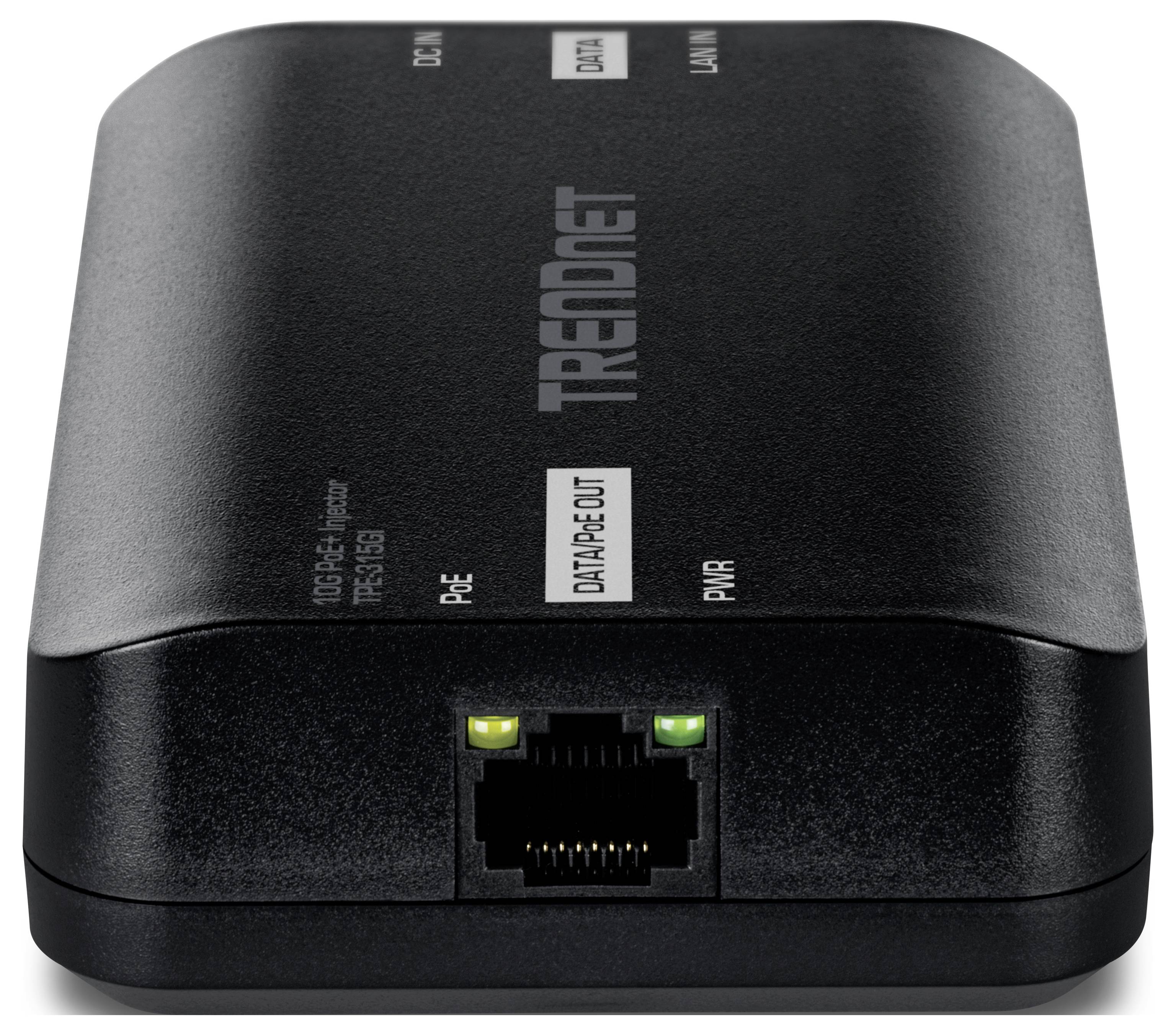 Ein schwarzer TRENDnet PoE (Power over Ethernet) Injektor mit Indikatorleuchten, einem Ethernet-Anschluss und beschrifteten Bereichen für Strom- und Datenleitungen.