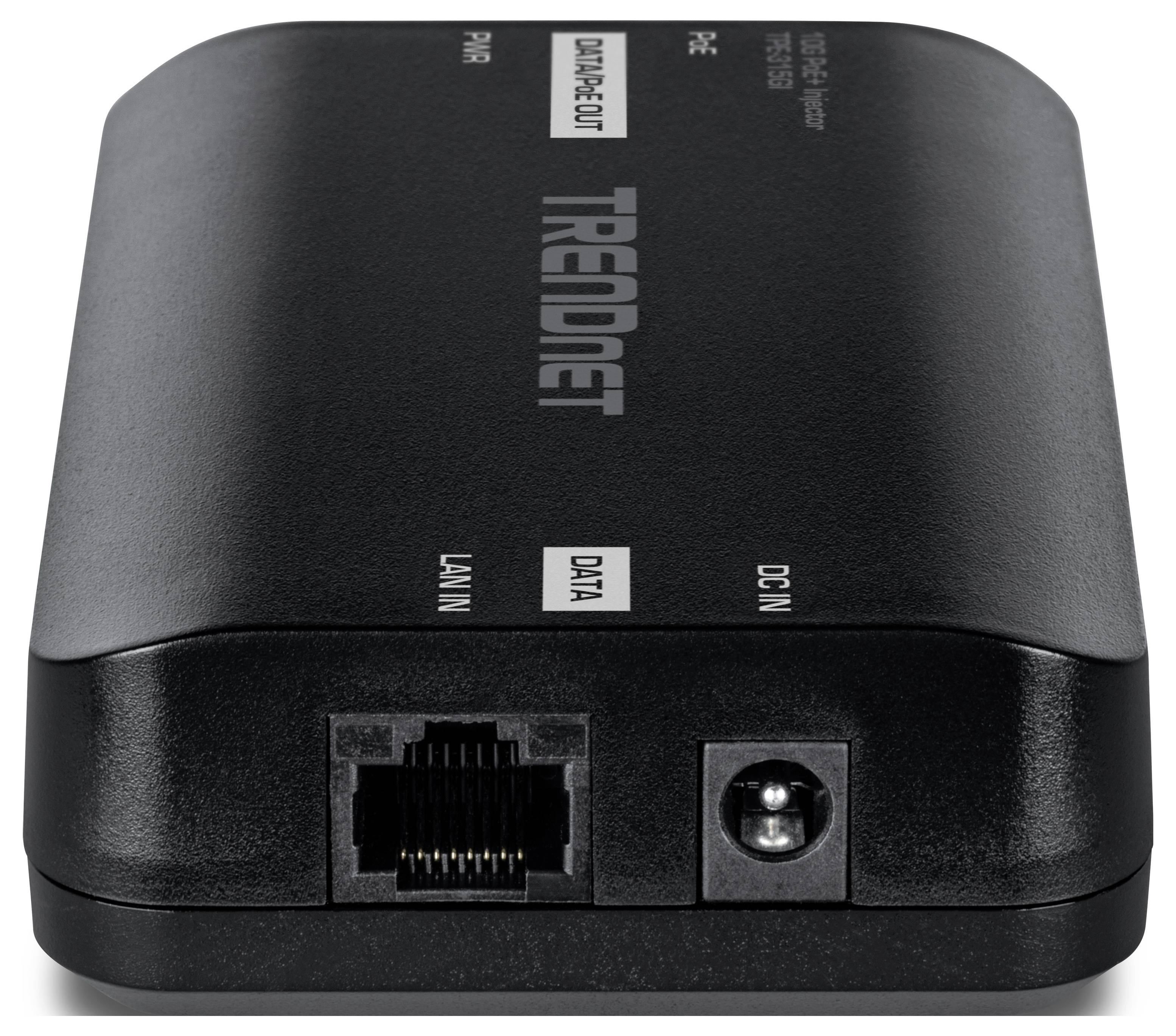 Ein schwarzes TRENDnet Netzteilgerät mit LAN-Anschluss und DC-IN-Anschluss, ausgestattet mit Beschriftungen für Anschlüsse und Statusanzeigen.