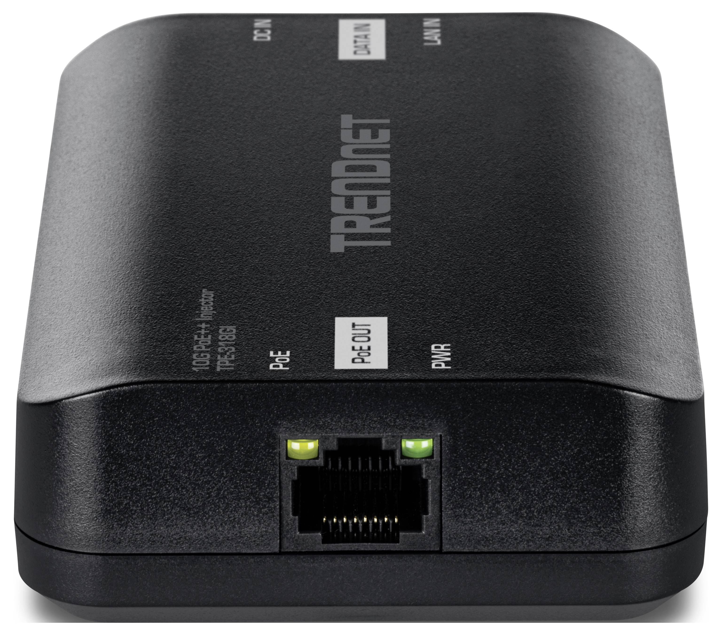 Ein schwarzer TRENDnet 1000Base-T Adapter mit Anschlüssen und LED-Indikatoren für PoE-Konnektivität, verwendet für Netzwerkgeräteverbindungen.
