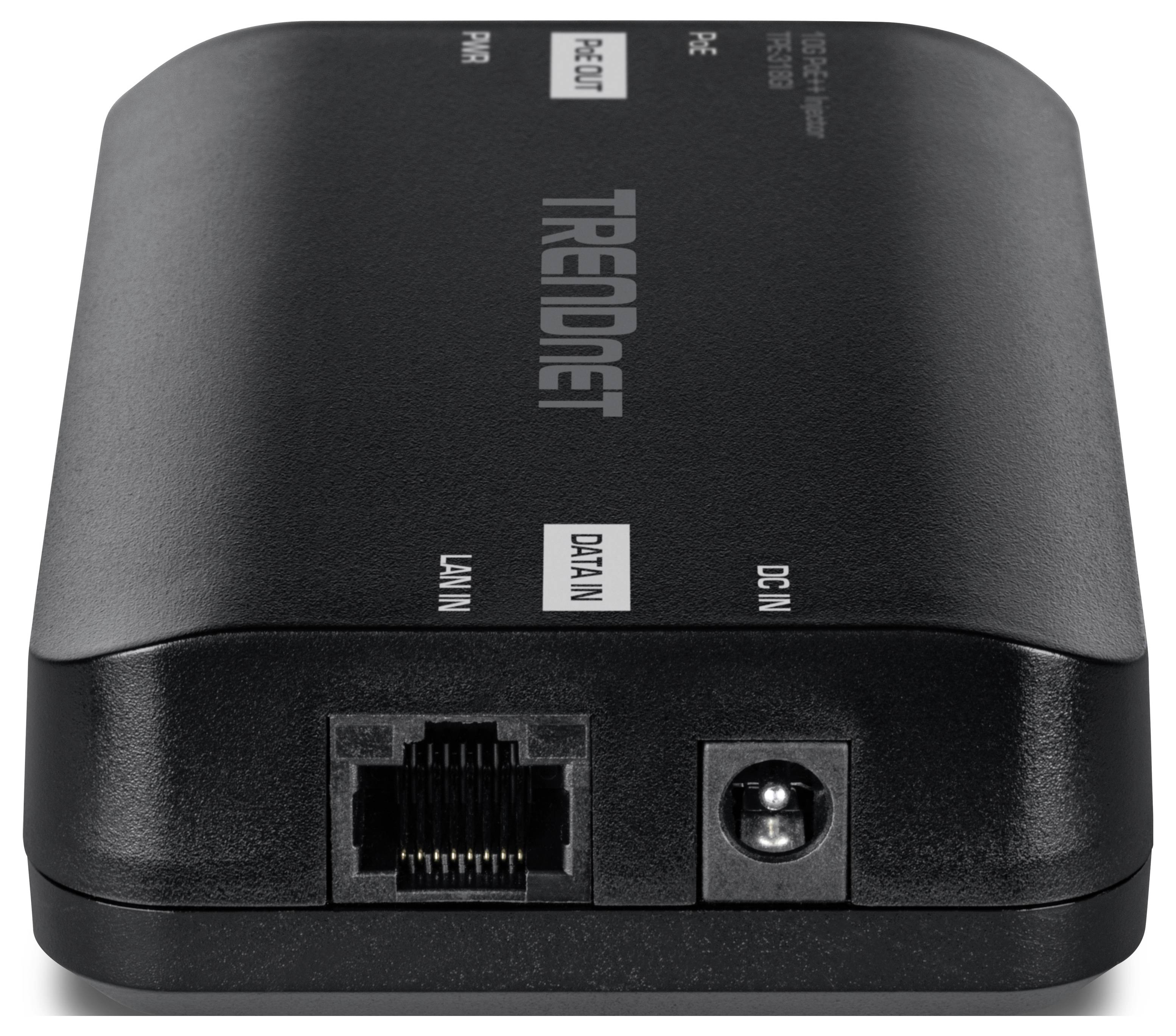 Ein rechteckiges TRENDnet PoE-Splitter mit LAN- und DC-IN-Anschlüssen auf der Seite.