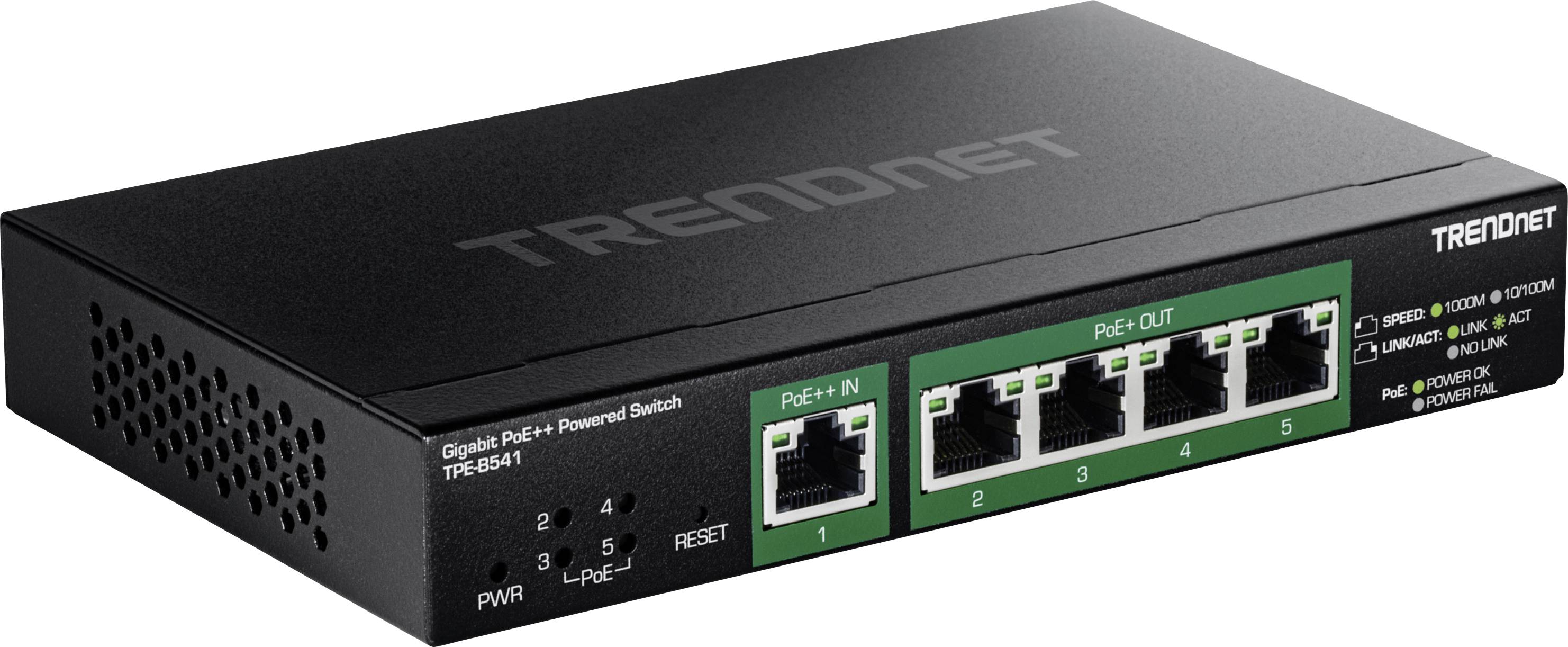 Schwarzer TRENDnet PoE+ Ethernet-Switch mit 'TRENDnet' Logo, ausgestattet mit vier Ports, die als 'PoE OUT' gekennzeichnet sind, und einem Port, der als 'PoE IN' beschriftet ist, entwickelt für Netzwerkverbindungen.