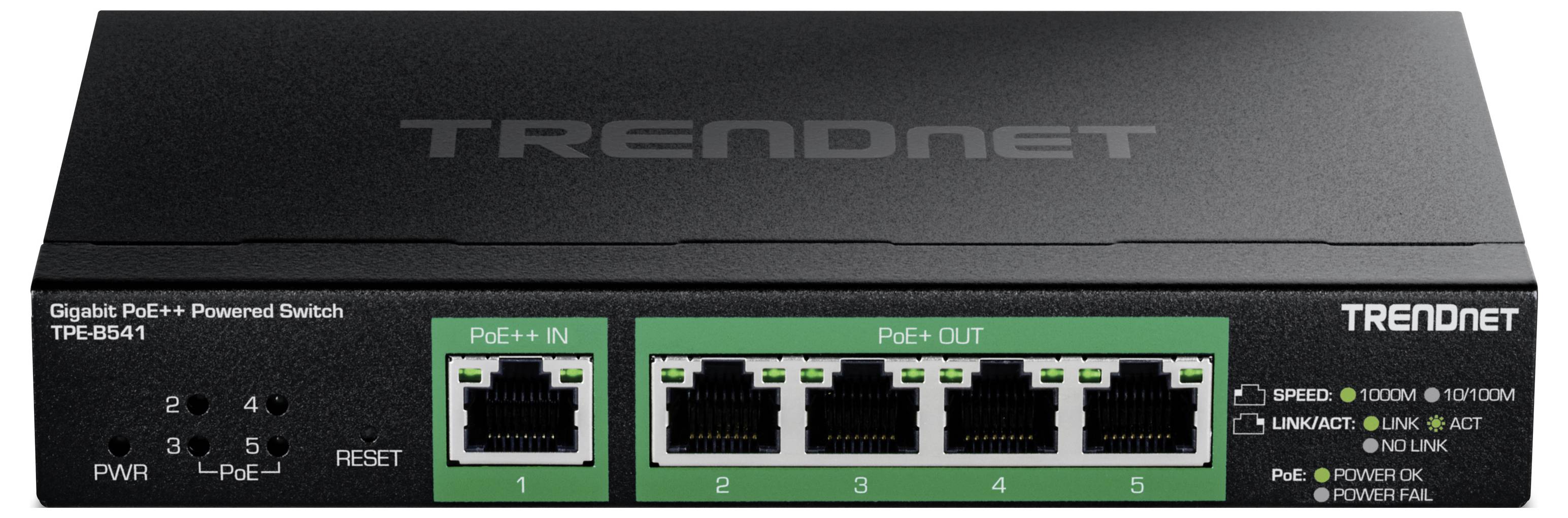 'TRENDnet Gigabit PoE+ Powered Switch TPE-BS41' ist beschriftet und verfügt über vier Ethernet-Ports an der Frontseite mit PoE+-Ein- und Ausgangsindikatoren.