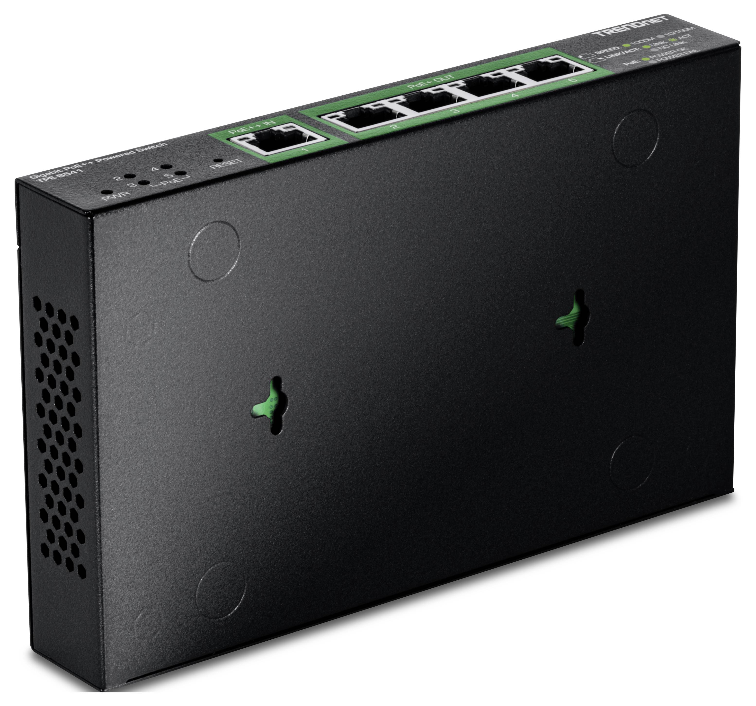 Ein schwarzer Netzwerk-Switch mit vier Ethernet-Ports und LED-Anzeigen auf der Oberfläche. Er verfügt über Befestigungslöcher zur Wandmontage.