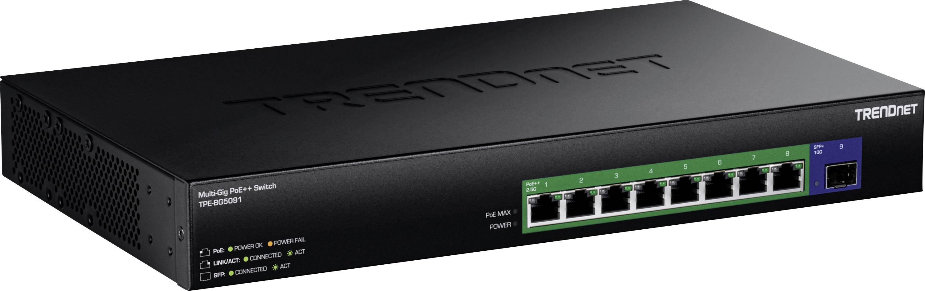 Ein schwarzer TRENDnet Netzwerk-Switch mit 8 Ethernet-Ports und LED-Anzeigen für Stromversorgung und Status.