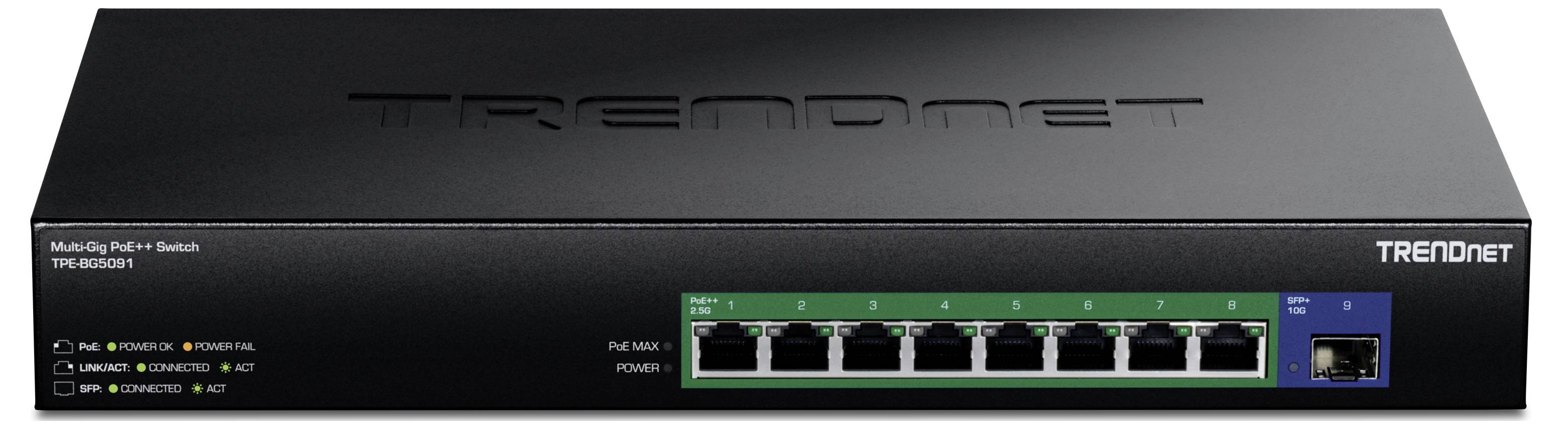 Netzwerk-Switch TRENDnet TPE-082WS mit acht RJ45-Ports und LED-Anzeigen für Betriebs- und Verbindungsstatus.