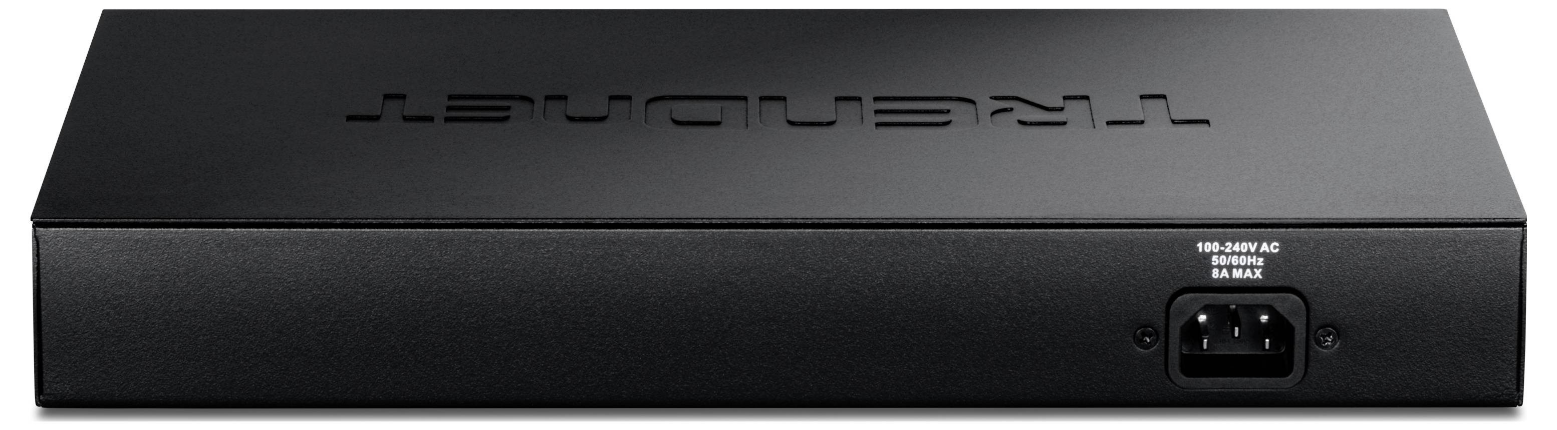 Das Bild zeigt die Rückansicht eines schwarzen Trendnet-Netzwerkschalters mit einer Netzeingangsbuchse, beschriftet mit '100-240V AC'.