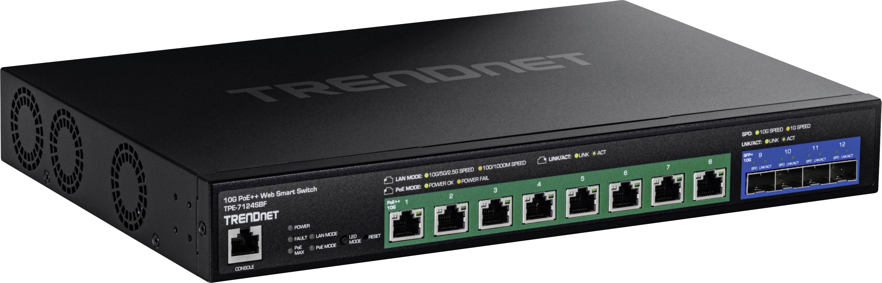Ein schwarzer TRENDnet-Netzwerk-Switch mit mehreren Ethernet-Anschlüssen, beschriftet für verschiedene Verbindungen.