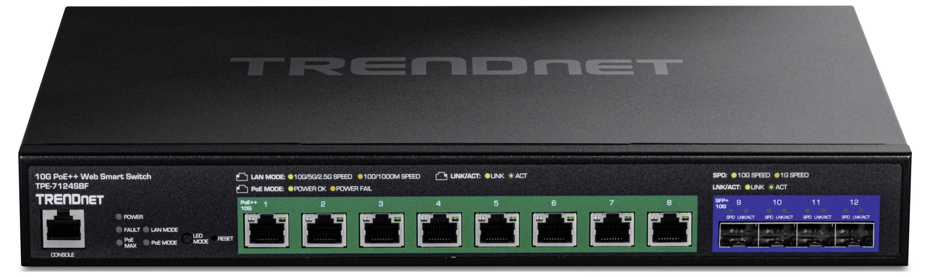 Ein schwarzer TRENDnet 10G Fiber Web Smart Switch mit mehreren Ethernet-Anschlüssen, darunter fünf RJ-45-Ports und acht SFP+-Steckplätze auf der Vorderseite.