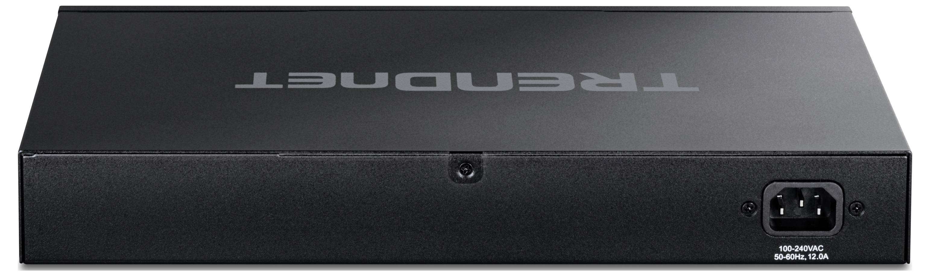 Das Bild zeigt einen schwarzen TRENDnet Netzwerk-Switch, der auf das Rückpanel mit einem Netzteileingang fokussiert ist.