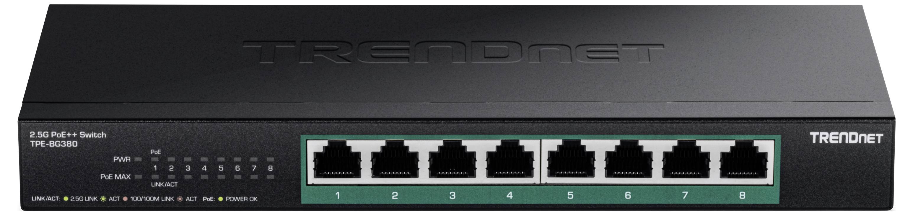 Netzwerk-Switch mit acht Ethernet-Ports, die auf dem vorderen Bedienfeld beschriftet sind. Der Modellname lautet 'TRENDnet TEG-S380'.