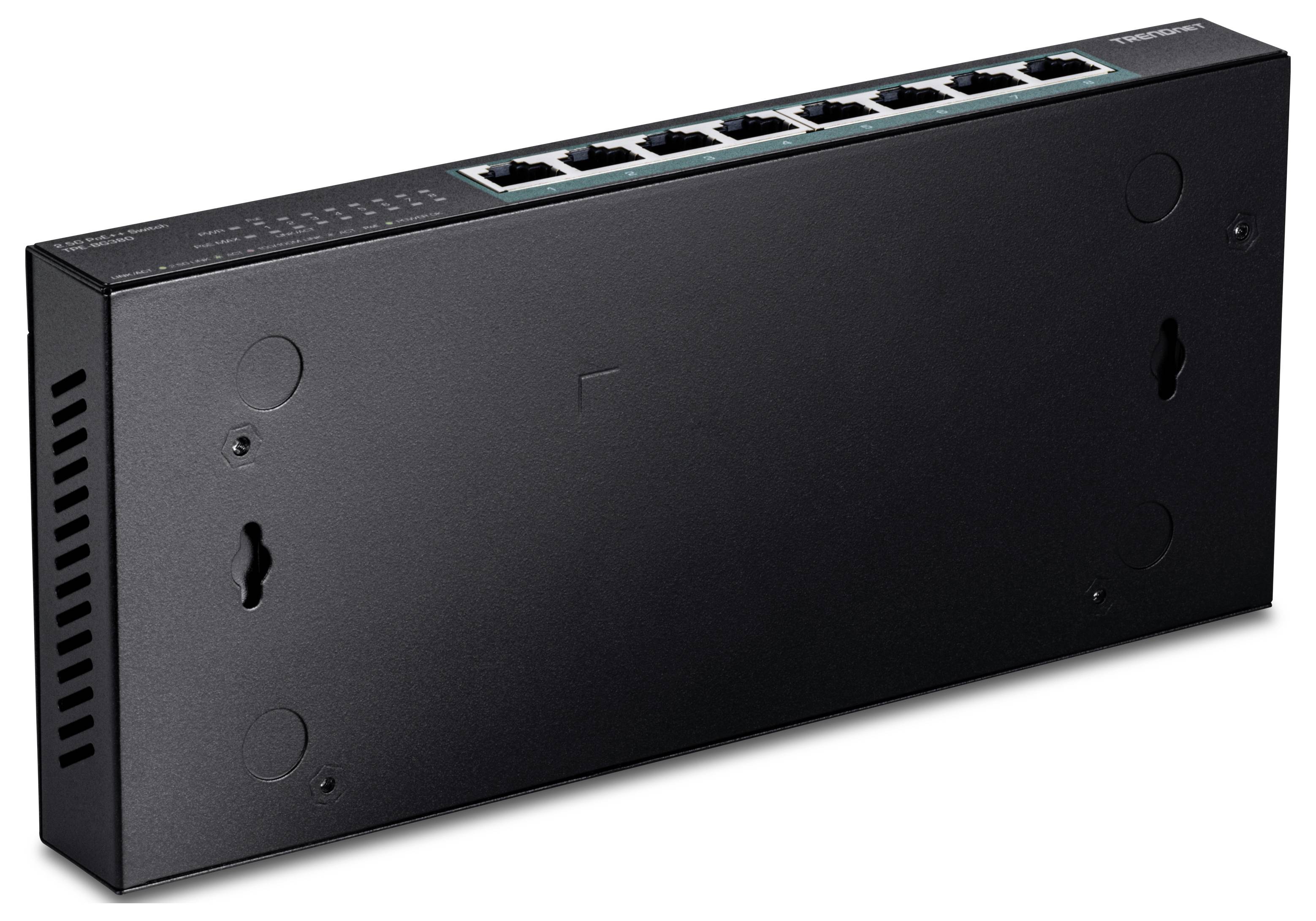 Ein schwarzer Netzwerk-Switch mit acht Ethernet-Ports am oberen Rand. Das Rückpanel verfügt über Wandmontage-Schlitze und Belüftungsschlitze.