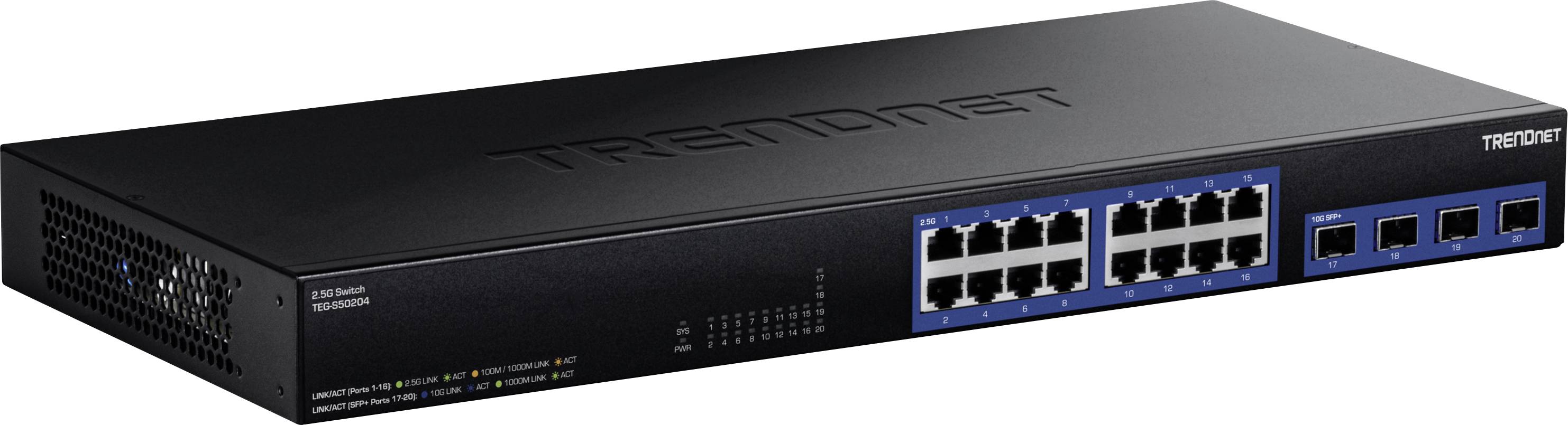 Netzwerkswitch mit sechzehn Ethernet-Ports und vier Glasfaseranschlüssen auf dem Frontpanel. Der Markenname ist oben sichtbar.