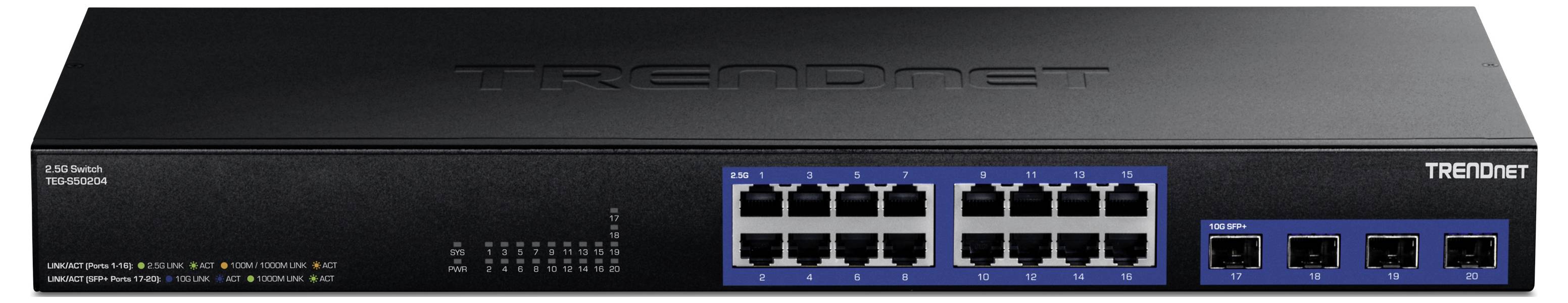 Trendnet 16-Port-Gigabit-PoE+-Netzwerk-Switch Frontansicht, die LED-Anzeigen, Ethernet-Ports und Uplink-Ports auf einem schwarzen Gerät zeigt.