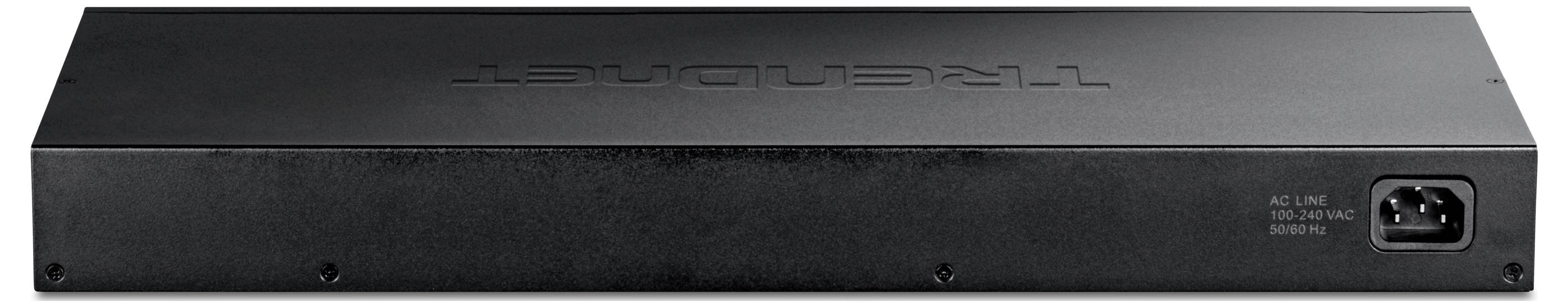 Das Bild zeigt die Rückansicht eines schwarzen elektronischen Geräts mit einem Stromeingang auf der rechten Seite.