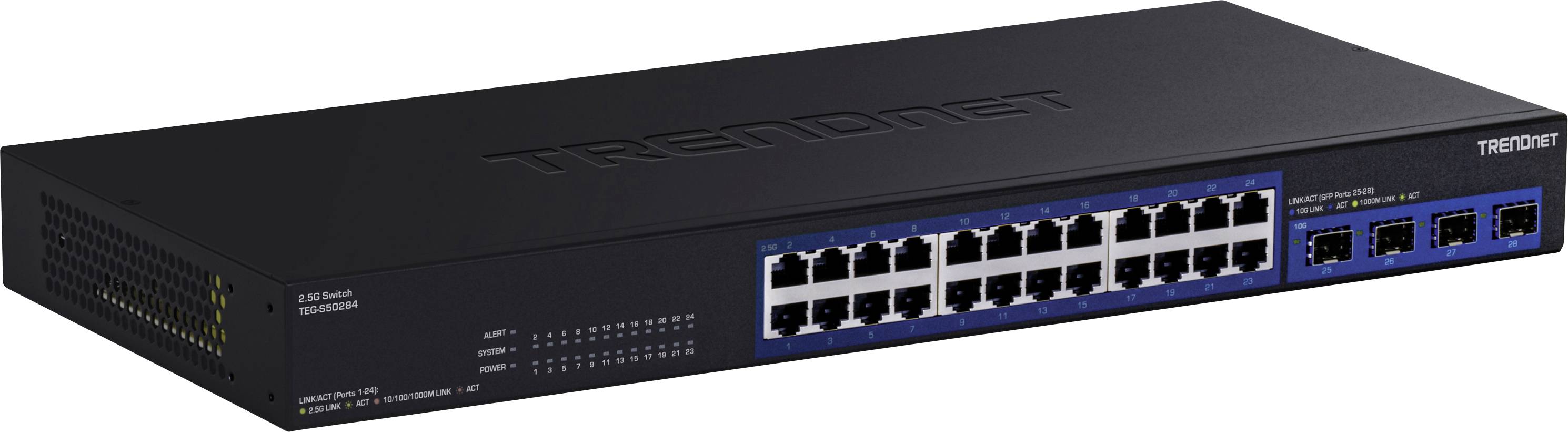 Ein schwarzer TRENDnet-Netzwerkswitch mit 24 Ethernet-Ports und vier zusätzlichen Anschlüssen für Glasfaserverbindungen, entwickelt für Netzwerkmanagement.