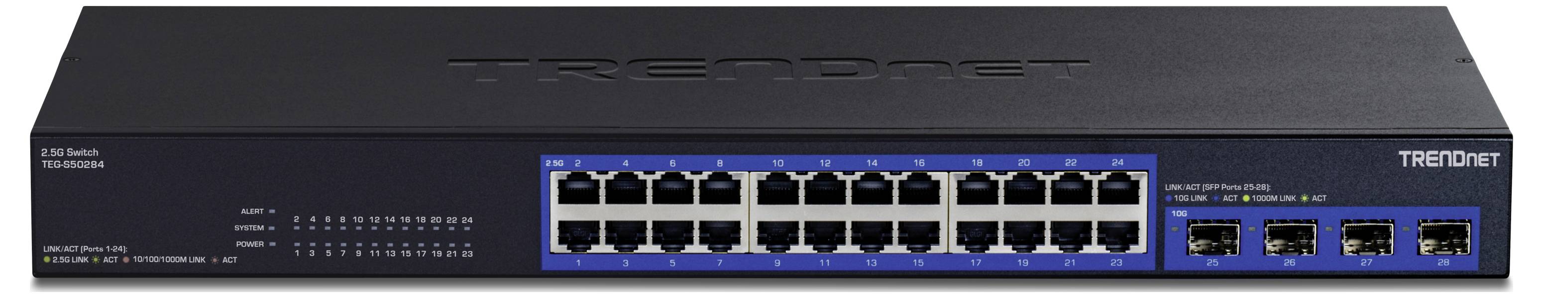 Ein schwarzer Netzwerk-Switch mit 24 Ethernet-Ports und 4 zusätzlichen Ports auf der rechten Seite, versehen mit dem Markennamen 'TRENDnet'.