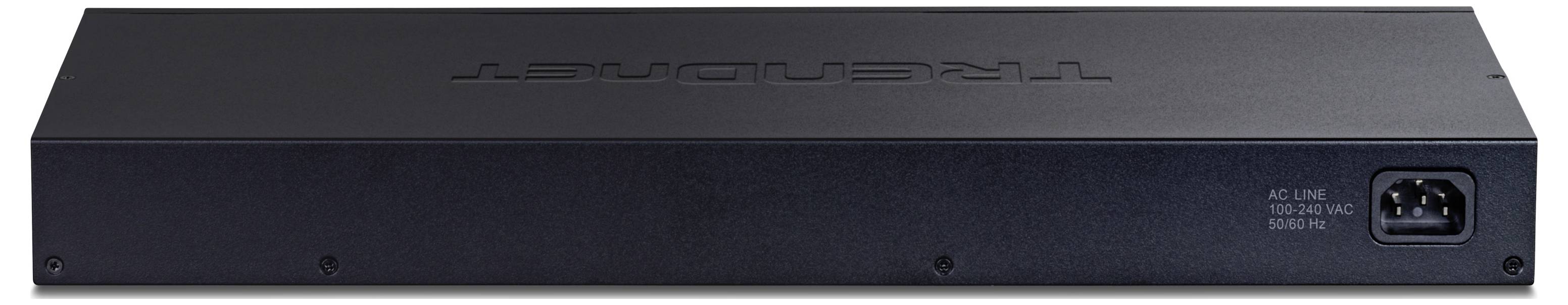 Die Abbildung zeigt die Rückansicht eines schwarzen, in ein Rack eingebauten Audio-Geräts mit einem Netzteil-Eingang, der mit 