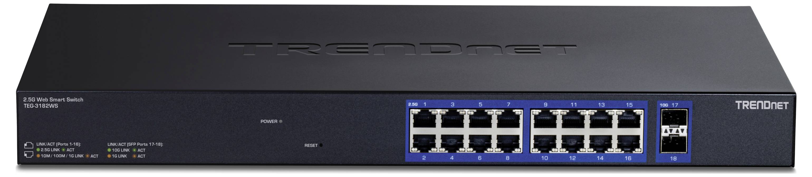 Frontansicht eines TRENDnet-Netzwerk-Switches mit 16 Ethernet-Ports und 2 SFP-Steckplätzen auf einem schwarzen Metallgehäuse.