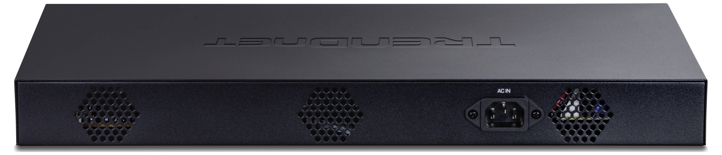 Ein schwarzer TRENDnet-Netzwerkswitch, von hinten gezeigt, mit einem Netzstromeingang und Lüftungsschlitzen zur Kühlung.