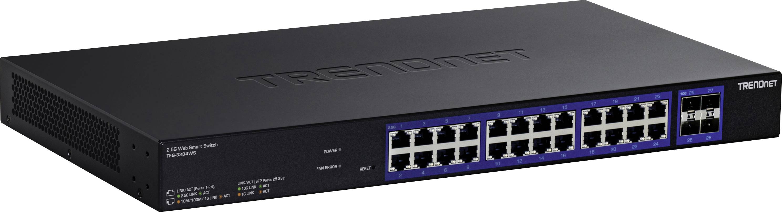 Ein schwarzer TRENDnet-Netzwerk-Switch mit 24 Ethernet-Ports und 2 Uplink-Ports auf dem Frontpanel, der zum Verbinden mehrerer Geräte in einem Netzwerk verwendet wird.