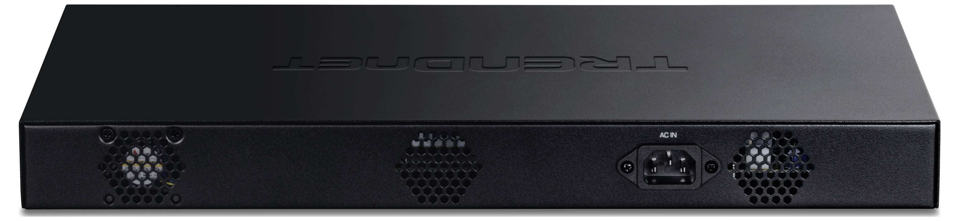 Ein schwarzes TRENDnet Rackmount-Gerät mit Kühlventilatoren an der Rückseite und einem Strombuchsenanschluss.