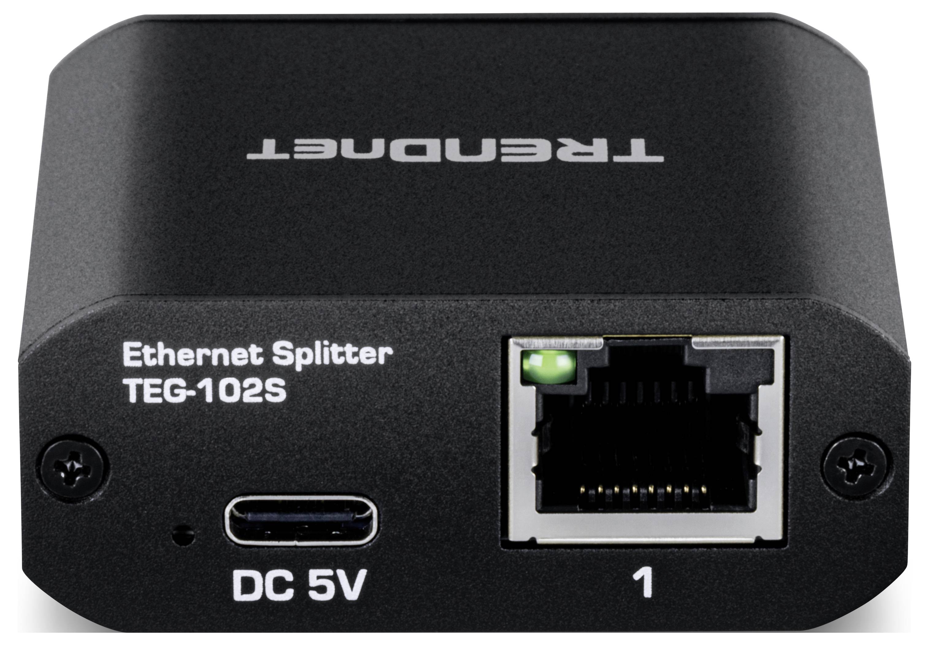 Frontansicht eines schwarzen Trendnet Ethernet-Verteilers, Modell TEG-102S, mit einem Ethernet-Anschluss, der mit ‚1' beschriftet ist, und einem DC 5V Stromeingang.