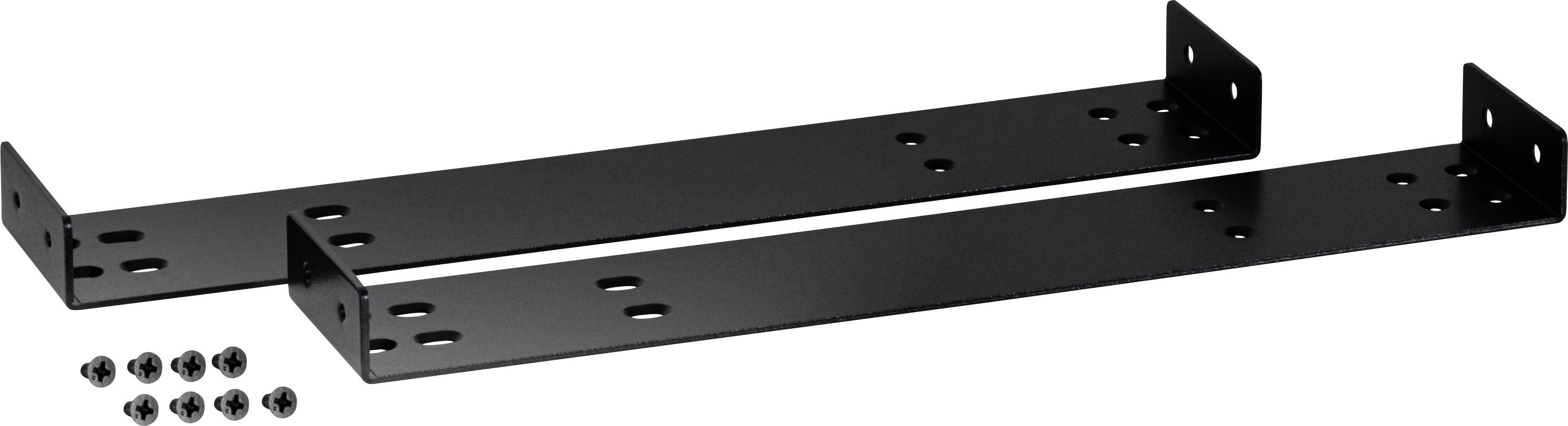 Zwei schwarze Metallmontagehalterungen mit mehreren Löchern, zusammen mit acht kleinen Schrauben, die für die Befestigung von Ausrüstung vorgesehen sind.