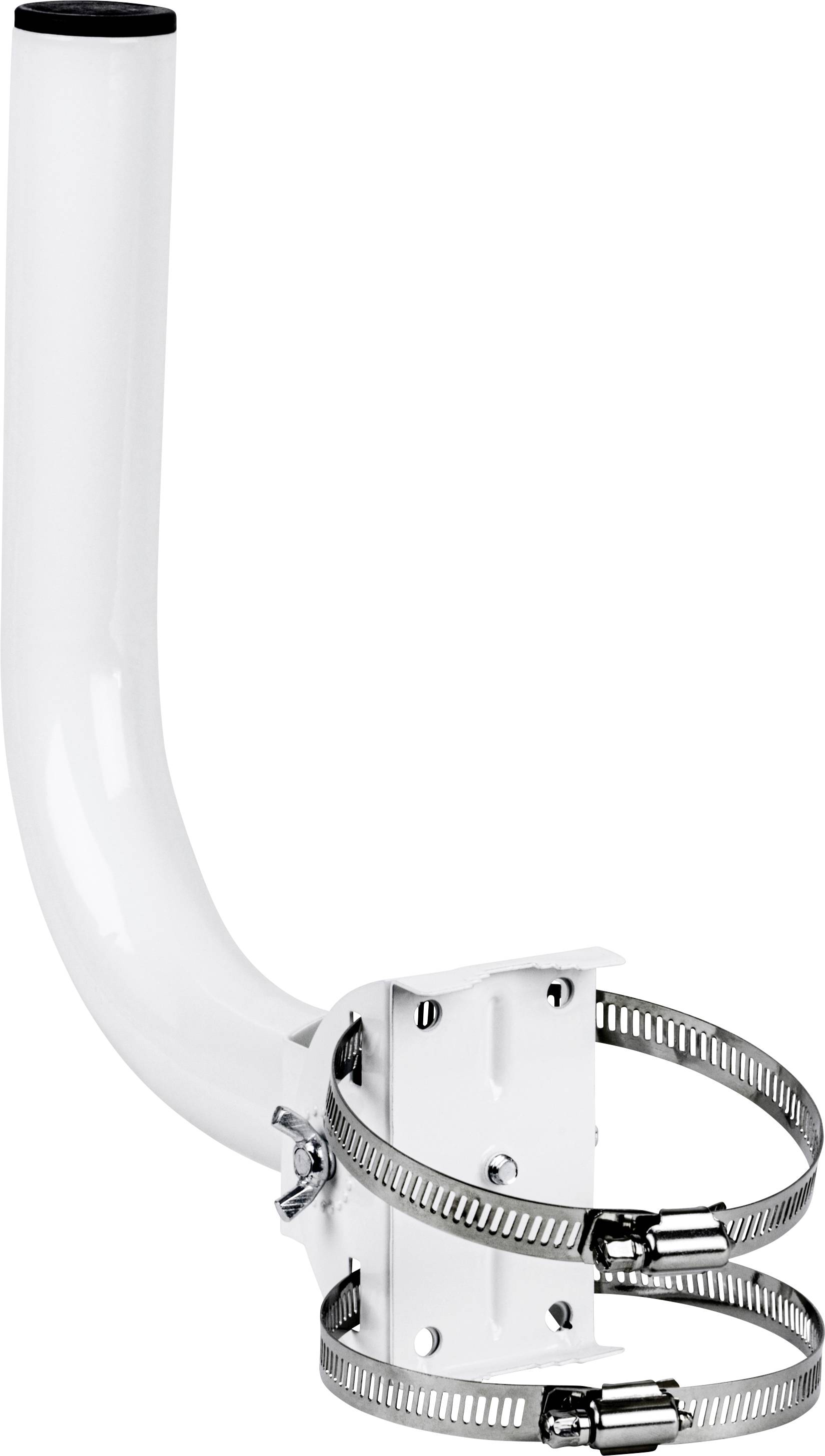 Ein L-förmiger weißer Montagehalter mit zwei Metallklemmen, der zum Befestigen von Objekten wie Antennen oder Sensoren an einem Rohr konzipiert ist.