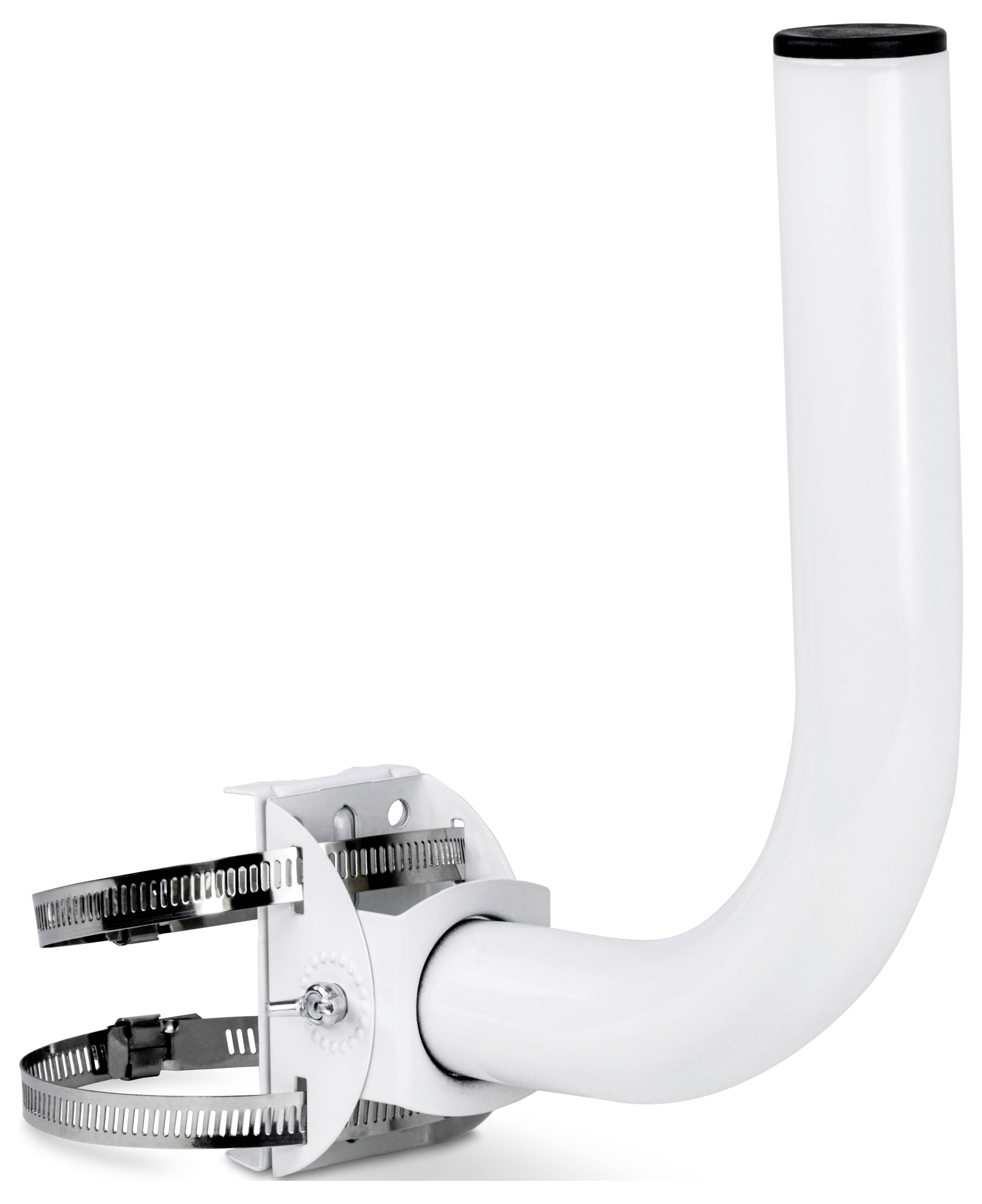 Ein weißes, L-förmiges Metallrohr mit verstellbarem Montagehalter und Klemme, das für die Installation von Antennen oder ähnlicher Ausrüstung konzipiert ist.