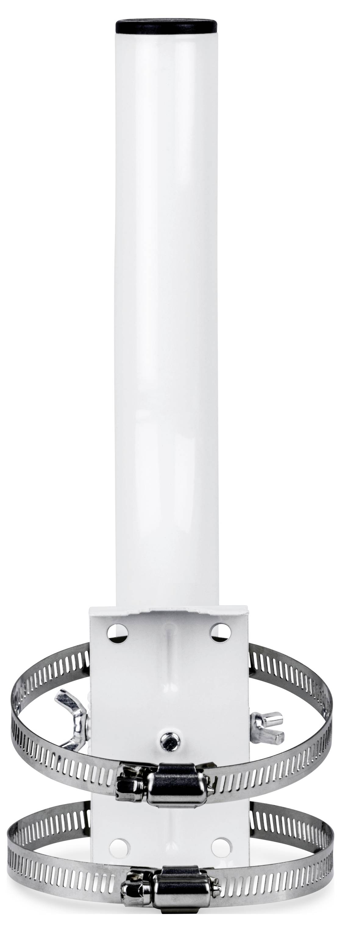 Eine weiße, vertikale Stange mit zwei silbernen Schlauchschellen, die wahrscheinlich für Montage- oder Stützungszwecke verwendet wird.