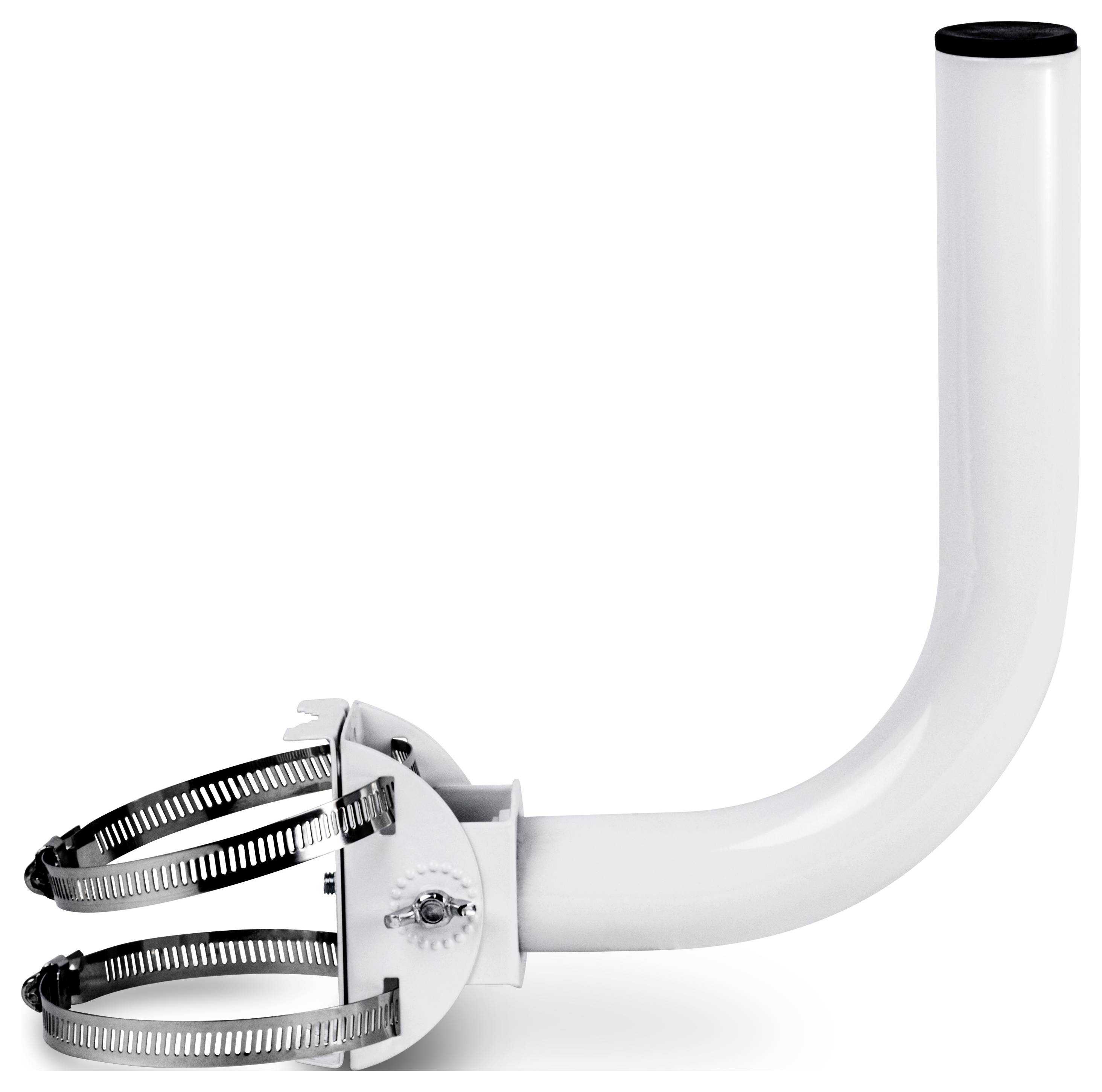 Ein weißer J-förmige Wandhalterung mit einer kreisförmigen Basis, entwickelt zur Befestigung von Geräten oder Antennen im Außenbereich.