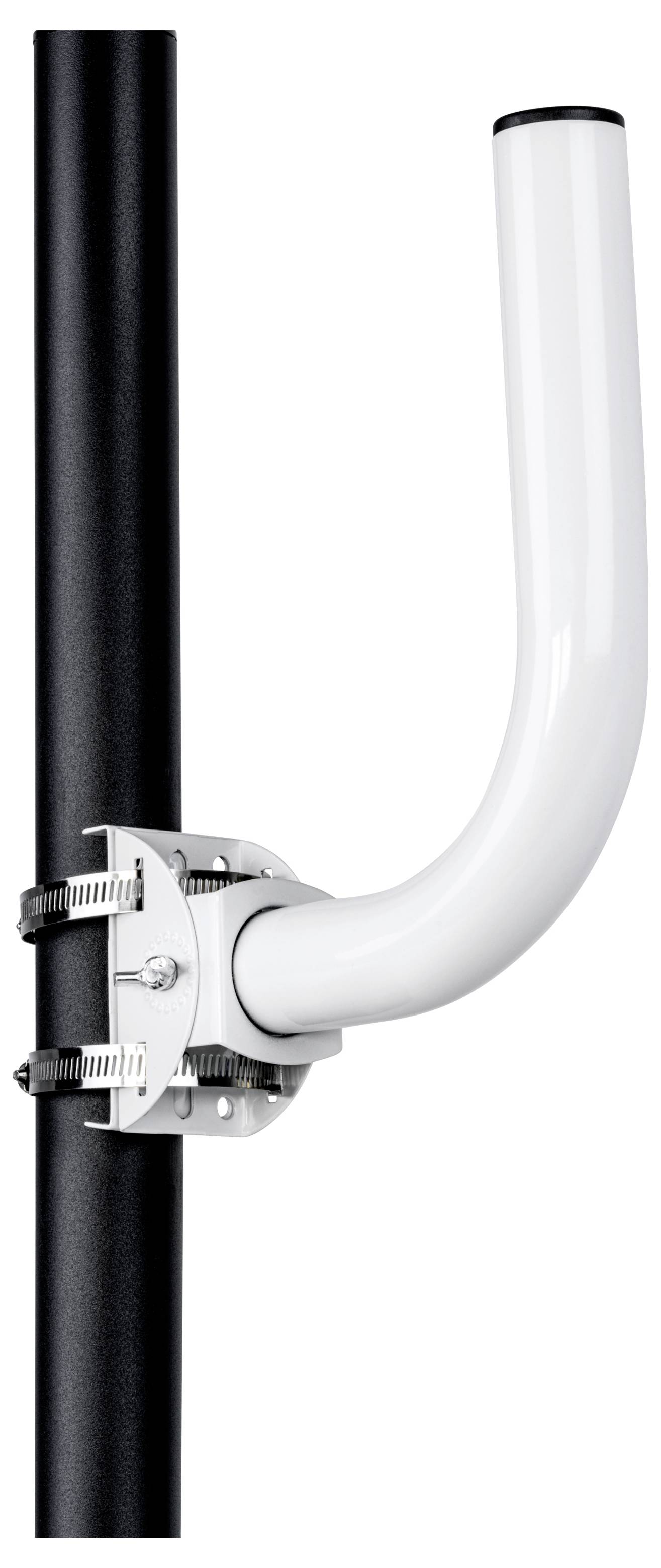 Eine weiße, geschwungene Wandhalterung, die an einem vertikalen schwarzen Pfosten befestigt ist und Metallklemmen zur Unterstützung aufweist.