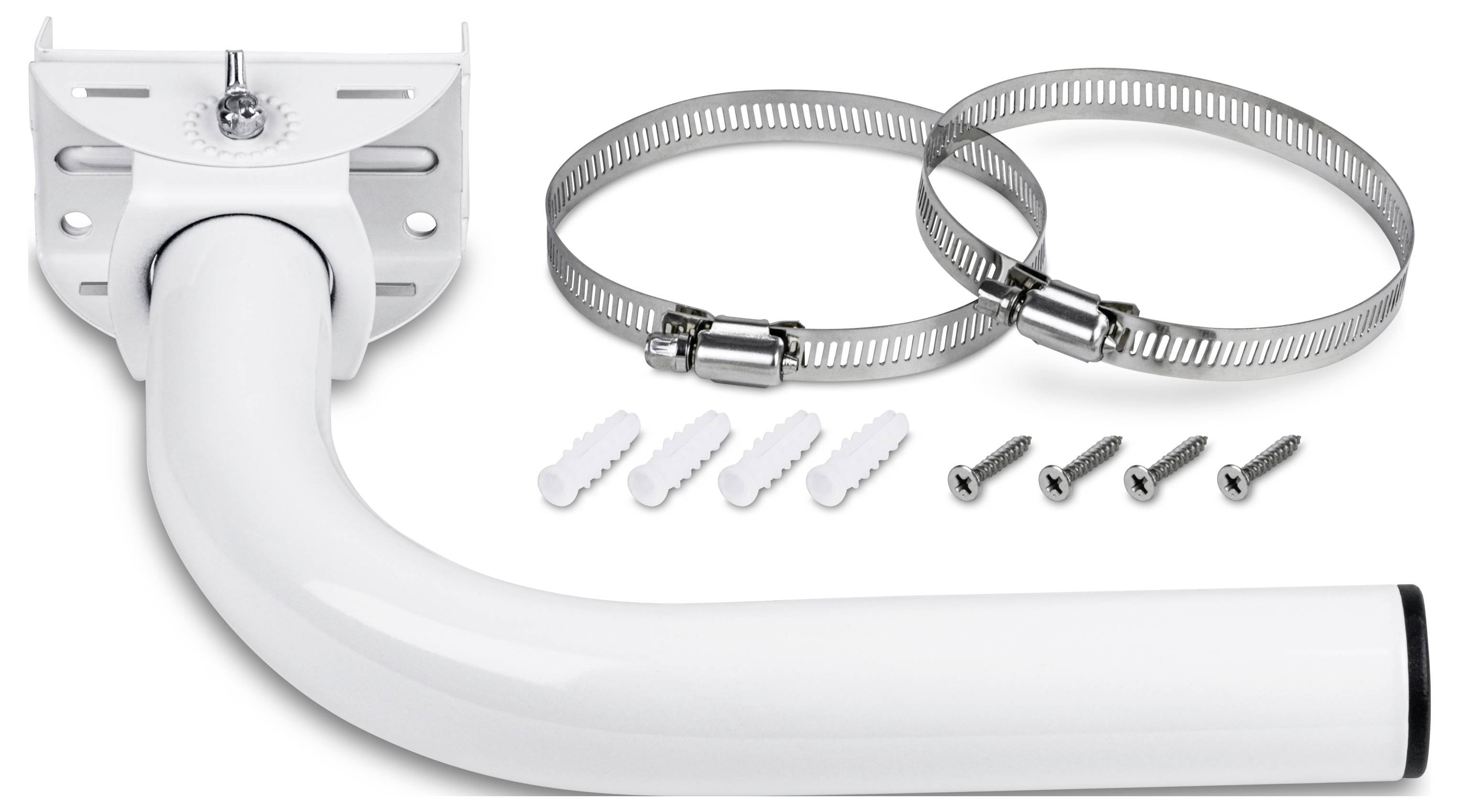 Weißer zylindrischer Befestigungsbügel mit zwei Metallschlauchschellen, vier Wanddübeln und vier Schrauben im Lieferumfang. Für Wandinstallationen verwendet.