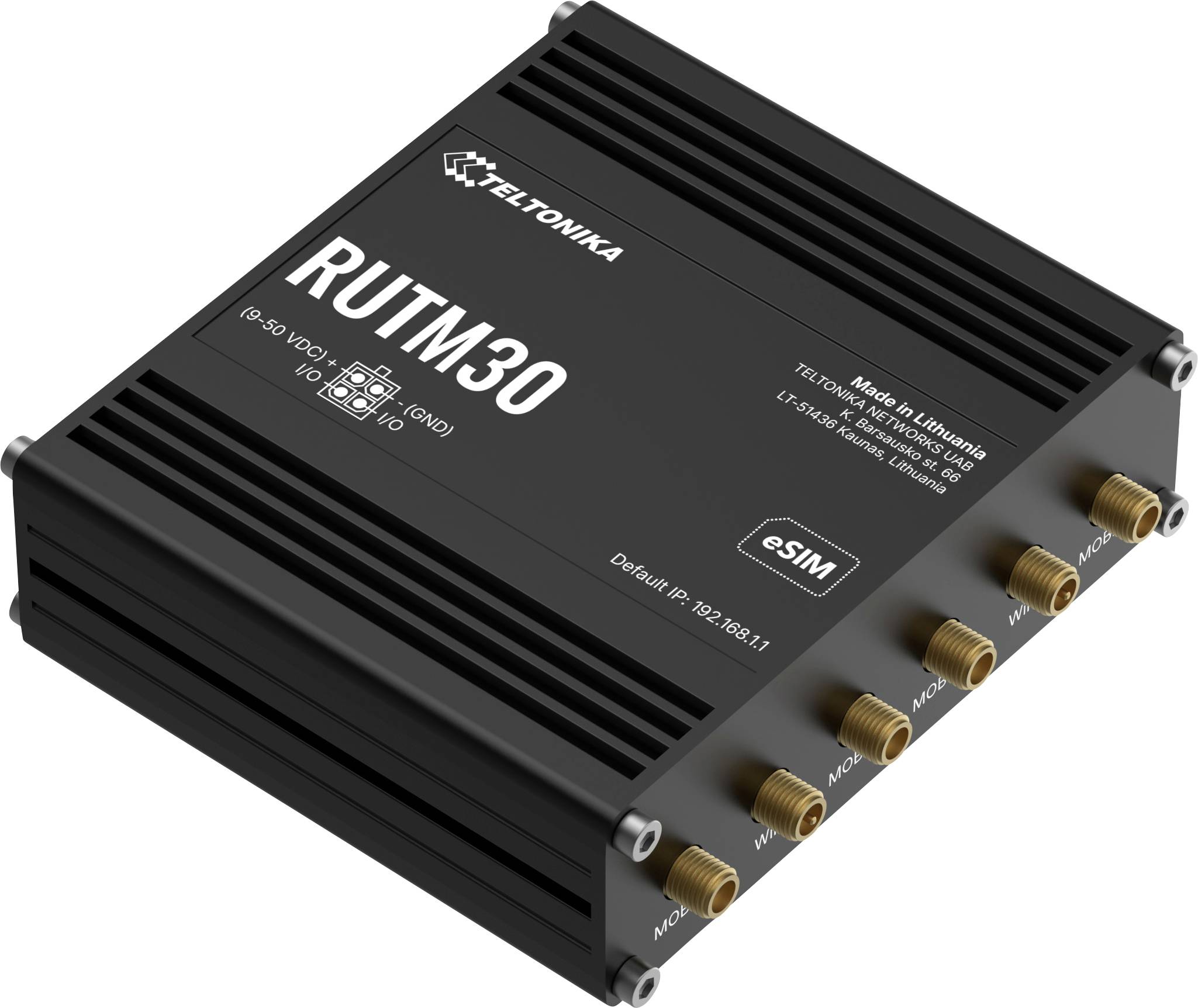 Ein schwarzer industrieller Netzwerk-Router des Typs 'Teltonika RUTM30' mit mehreren Anschlussports und eSIM, auf dem Details der Markenidentität auf der Oberseite zu sehen sind.