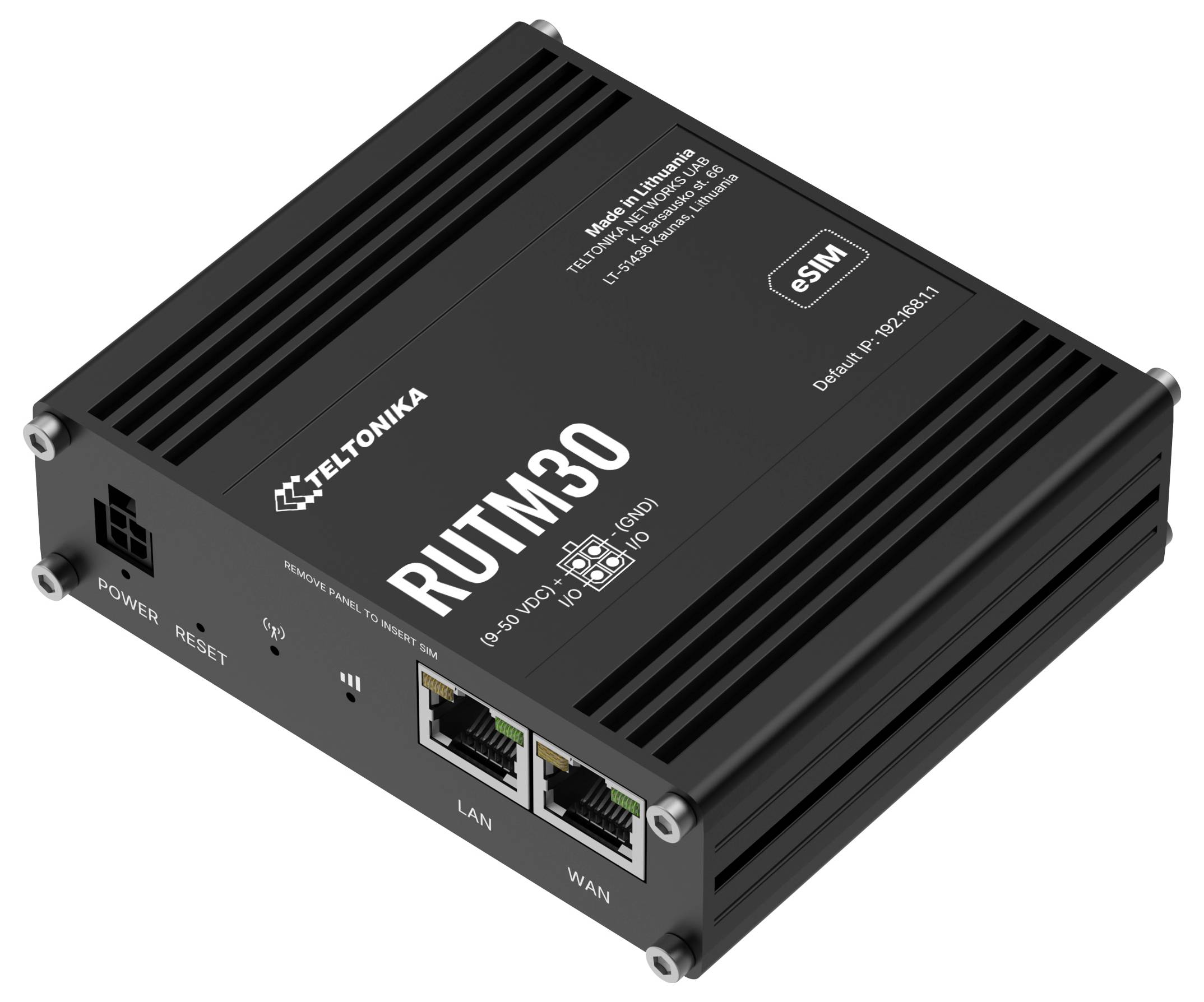 Ein Teltonika RUTM30 Industrie-Router mit LAN- und WAN-Anschlüssen, Strom- und Rückstelltasten, geeignet für sichere Internetkonnektivitätslösungen.