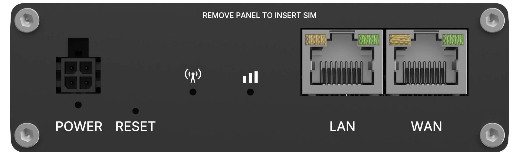 Ein Gerätefeld mit Energie-, Reset-Tasten und Anzeigen für drahtloses Signal sowie zwei Ethernet-Anschlüssen, beschriftet mit ‚LAN' und ‚WAN'.