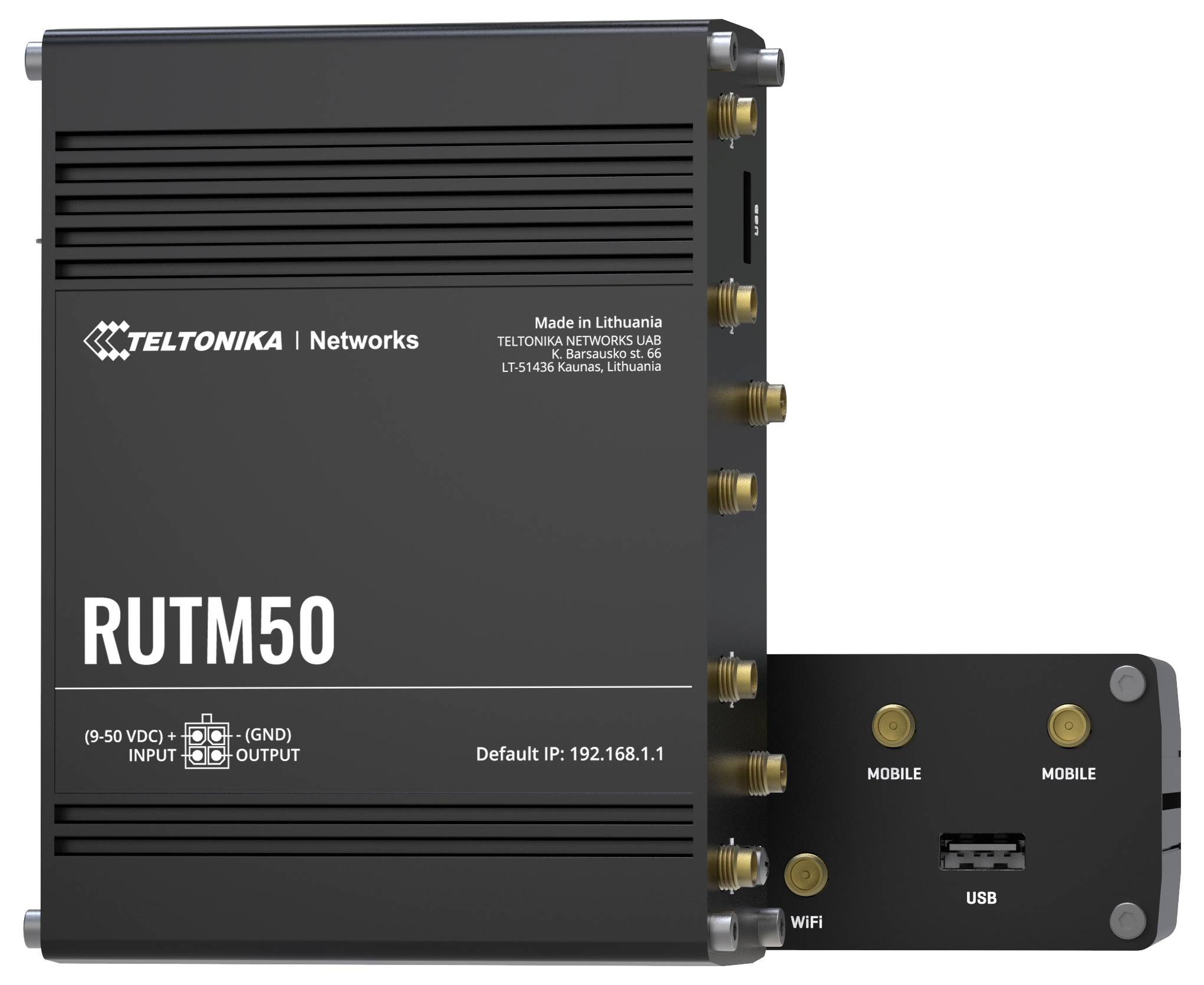 Ein schwarzes Teltonika RUTM50 Netzwerkgerät, gekennzeichnet mit 'Made in Lithuania', das verschiedene Anschlüsse für Mobilfunk, WLAN und USB zeigt.