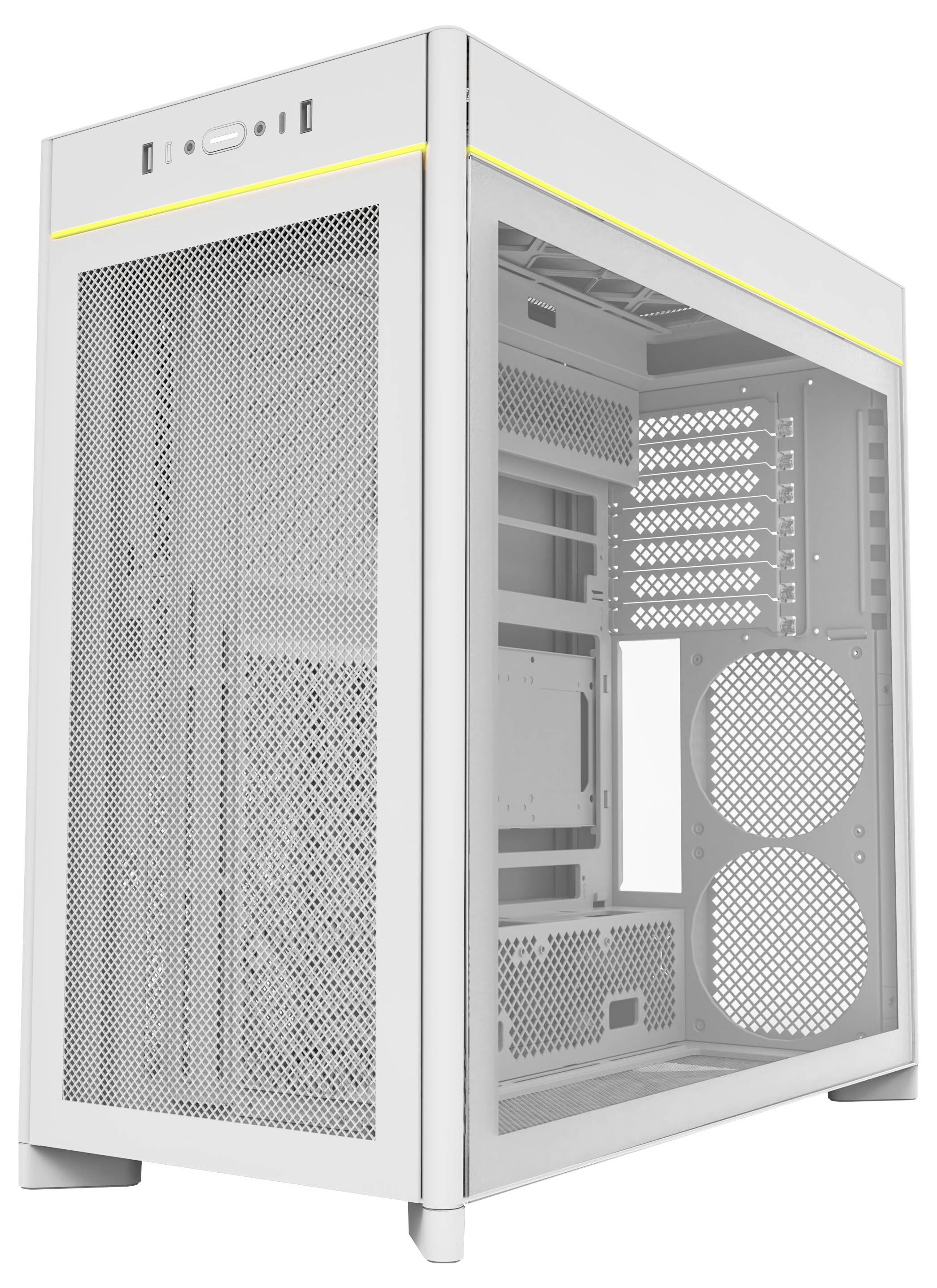 Ein schlankes, weißes Computergehäuse mit Meshfront und Seitenpanel für Belüftung, ausgestattet mit einem oberen I/O-Panel und Platz für Kühlventilatoren.