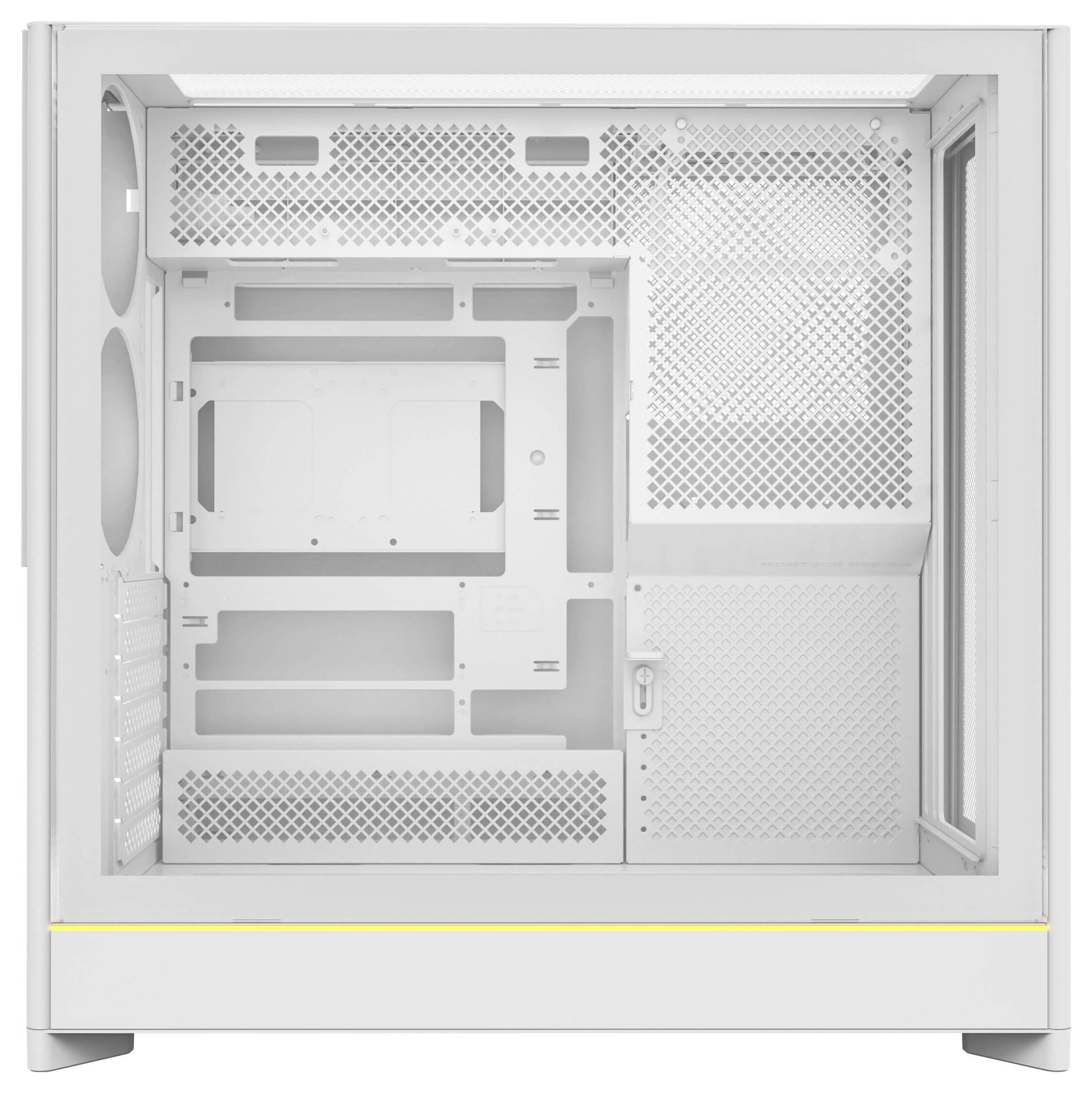 Ein weißes Computergehäuse mit offenem Innenraum, das Einschubplätze für Komponenten und Lüftungsgitter von der Seite zeigt.