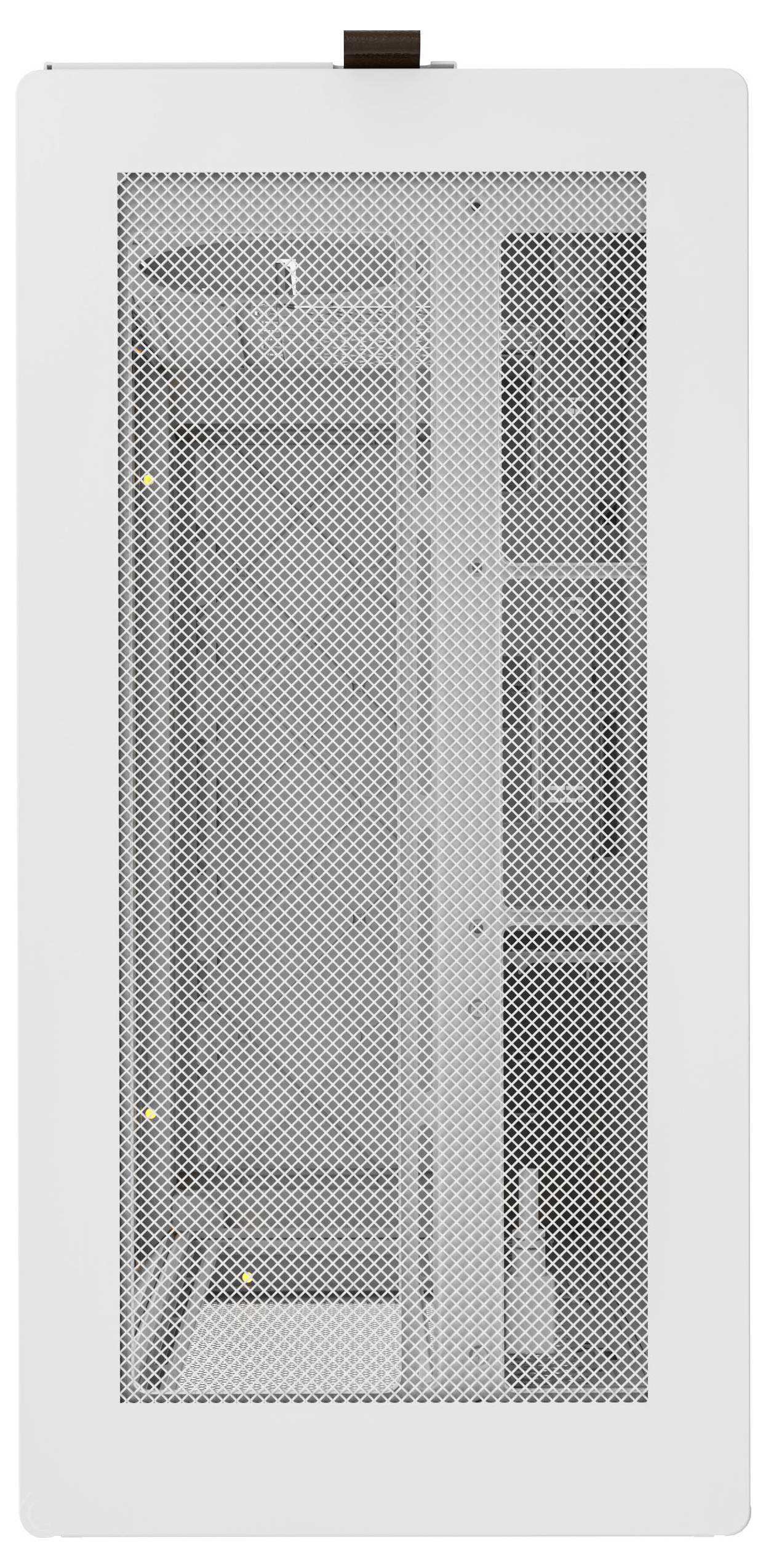Eine weiße, rechteckige Schranktür mit Gitterdesign aus Metall, die einen Blick auf die Regale im Inneren freigibt, wobei eines eine kleine Flasche trägt.