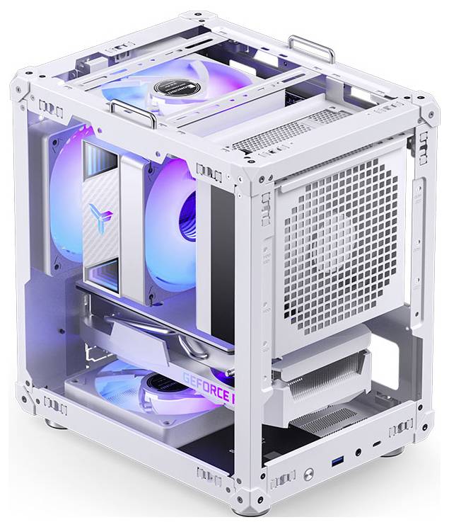 Ein weißer Gaming-PC-Tower mit RGB-Beleuchtung ist mit einer GeForce-Grafikkarte und sichtbaren Kühlventilatoren ausgestattet.
